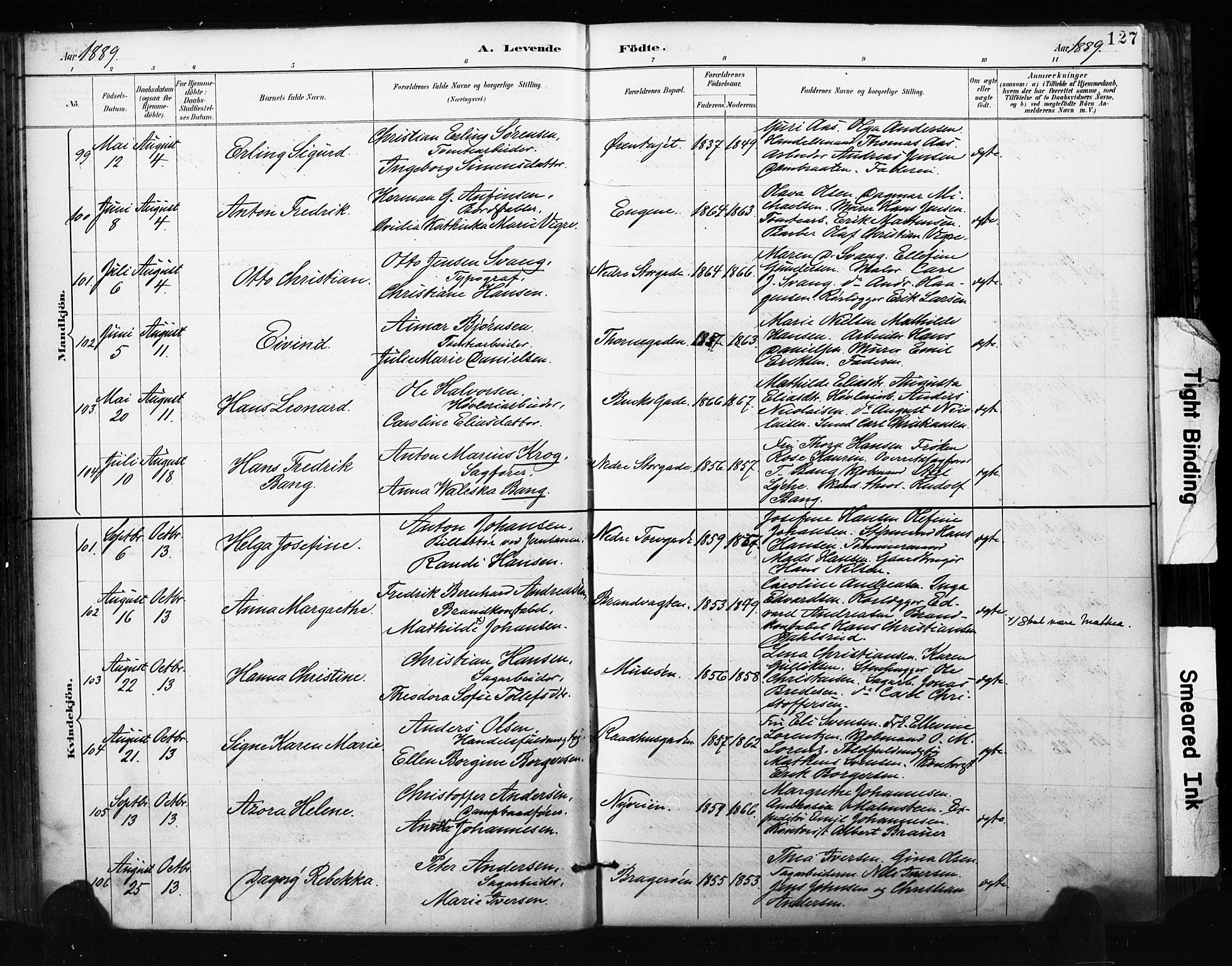 Bragernes kirkebøker, SAKO/A-6/F/Fb/L0007: Parish register (official) no. II 7, 1885-1893, p. 127