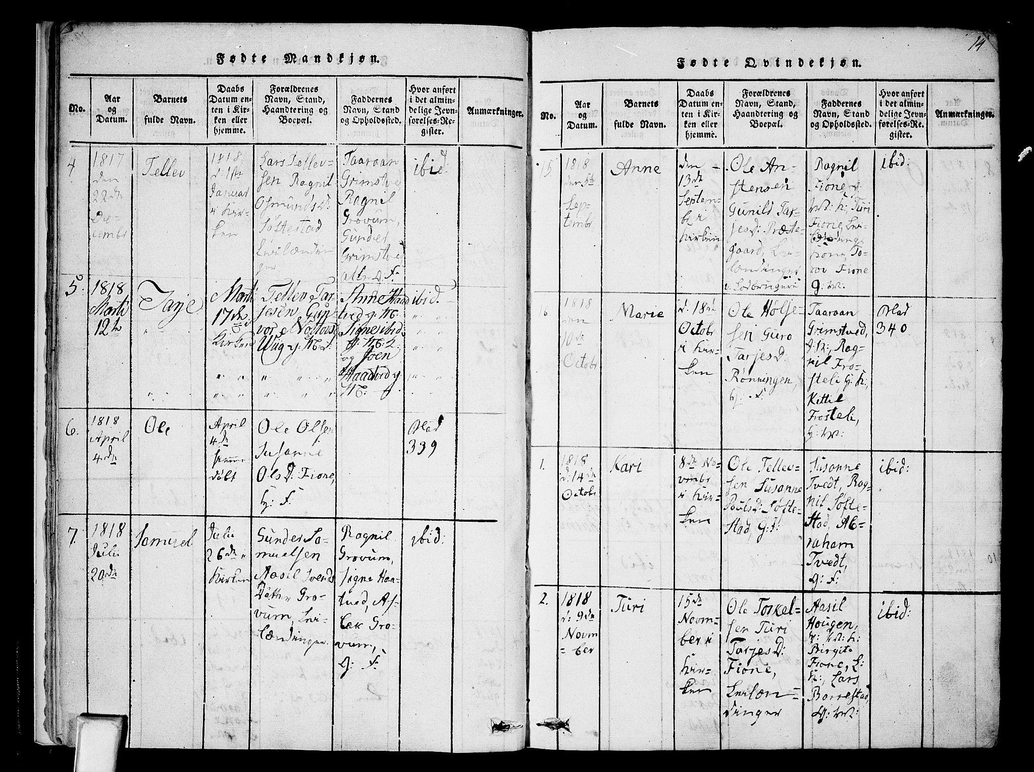 Nissedal kirkebøker, AV/SAKO-A-288/F/Fa/L0002: Parish register (official) no. I 2, 1814-1845, p. 14