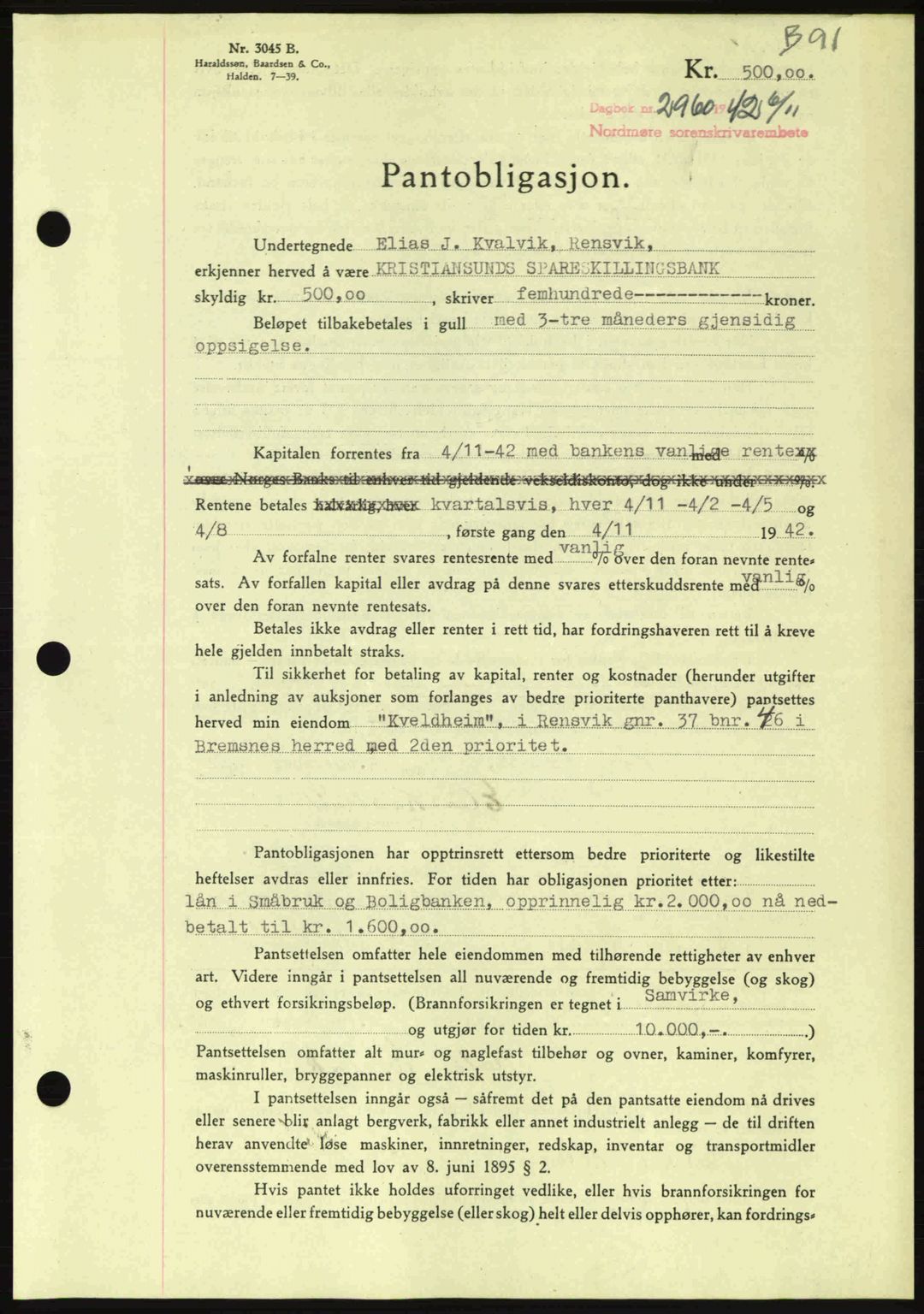 Nordmøre sorenskriveri, AV/SAT-A-4132/1/2/2Ca: Mortgage book no. B90, 1942-1943, Diary no: : 2960/1942