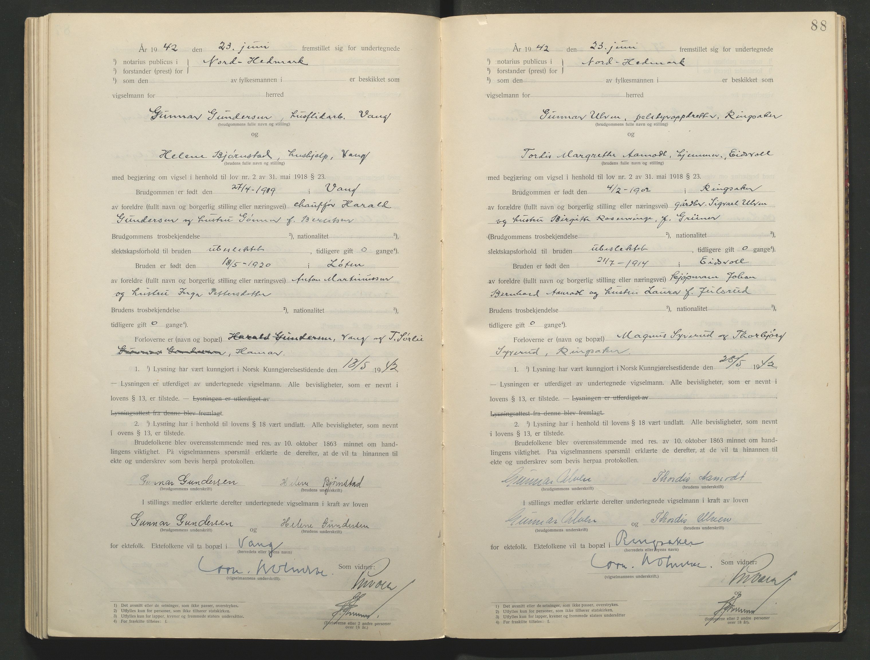 Nord-Hedmark sorenskriveri, AV/SAH-TING-012/L/Lc/L0001/0001: Vigselsprotokoller / Vigselsprotokoll, 1920-1942, p. 88