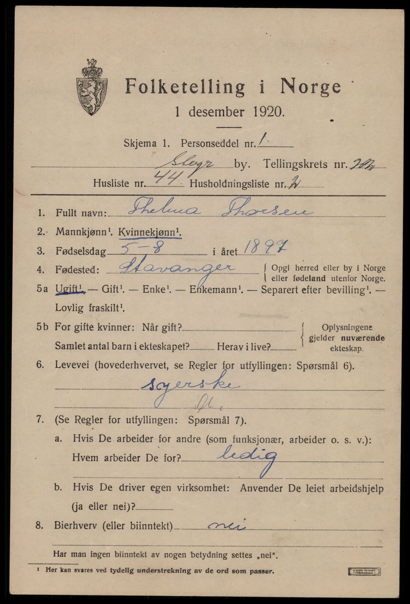 SAST, 1920 census for Stavanger, 1920, p. 74364