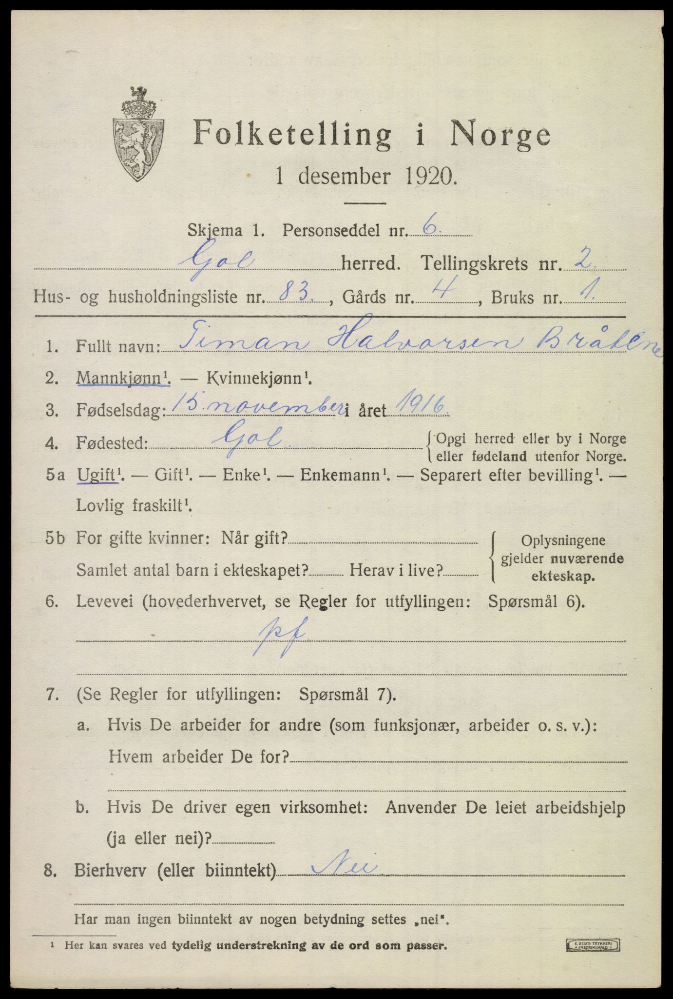 SAKO, 1920 census for Gol, 1920, p. 2174