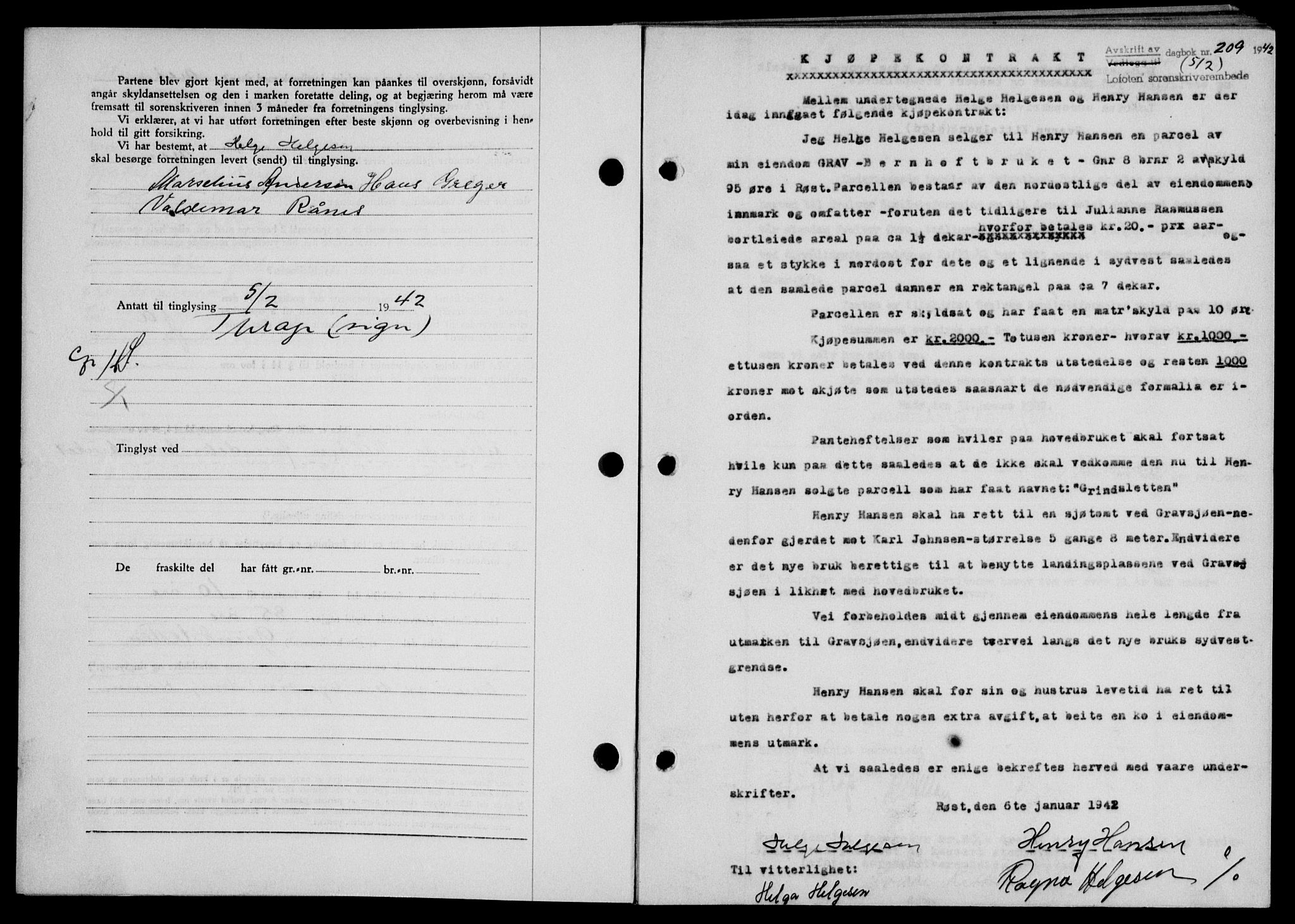 Lofoten sorenskriveri, SAT/A-0017/1/2/2C/L0009a: Mortgage book no. 9a, 1941-1942, Diary no: : 209/1942
