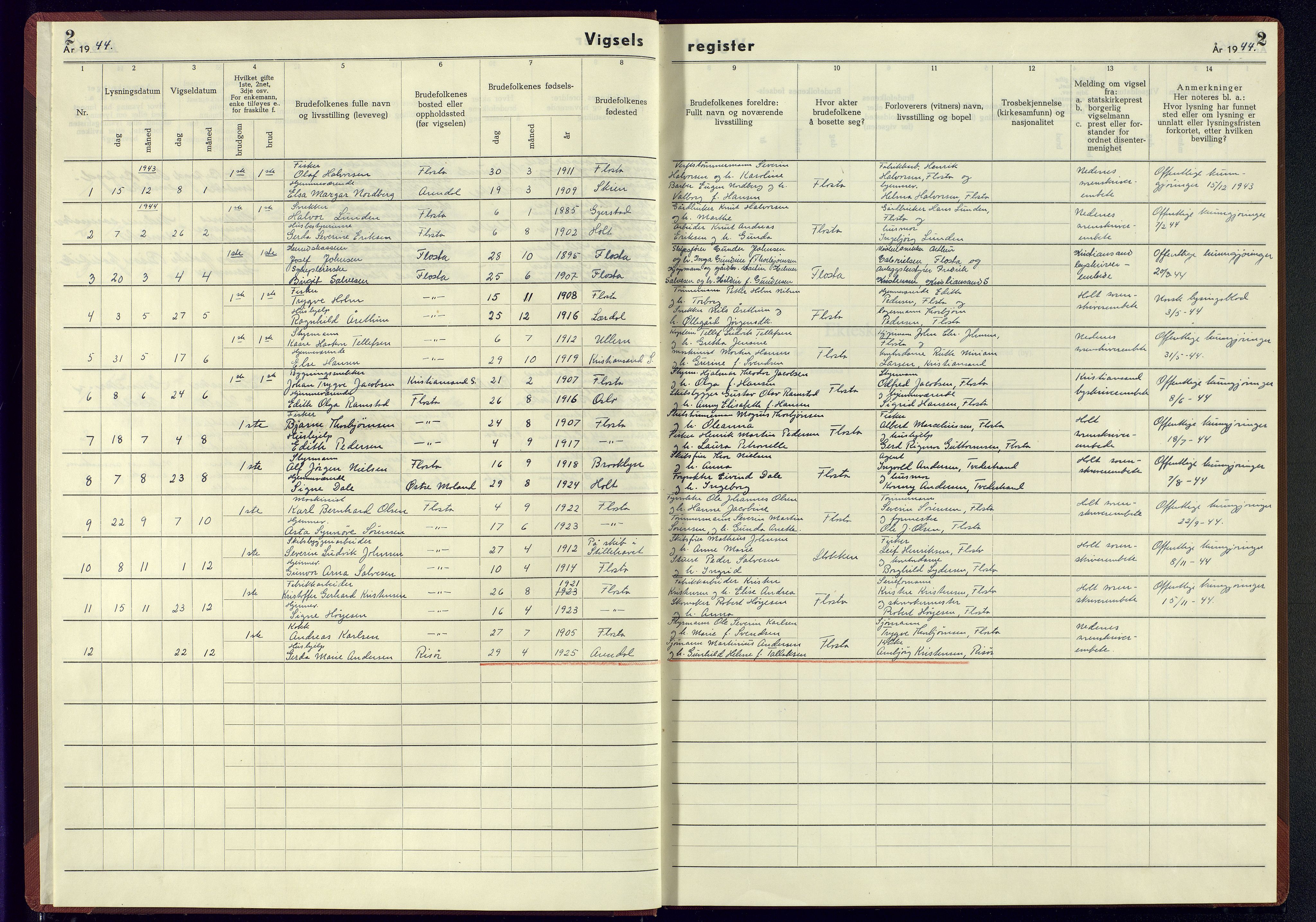 Austre Moland sokneprestkontor, SAK/1111-0001/J/Jb/L0008: Marriage register no. A-VI-31, 1942-1944, p. 2