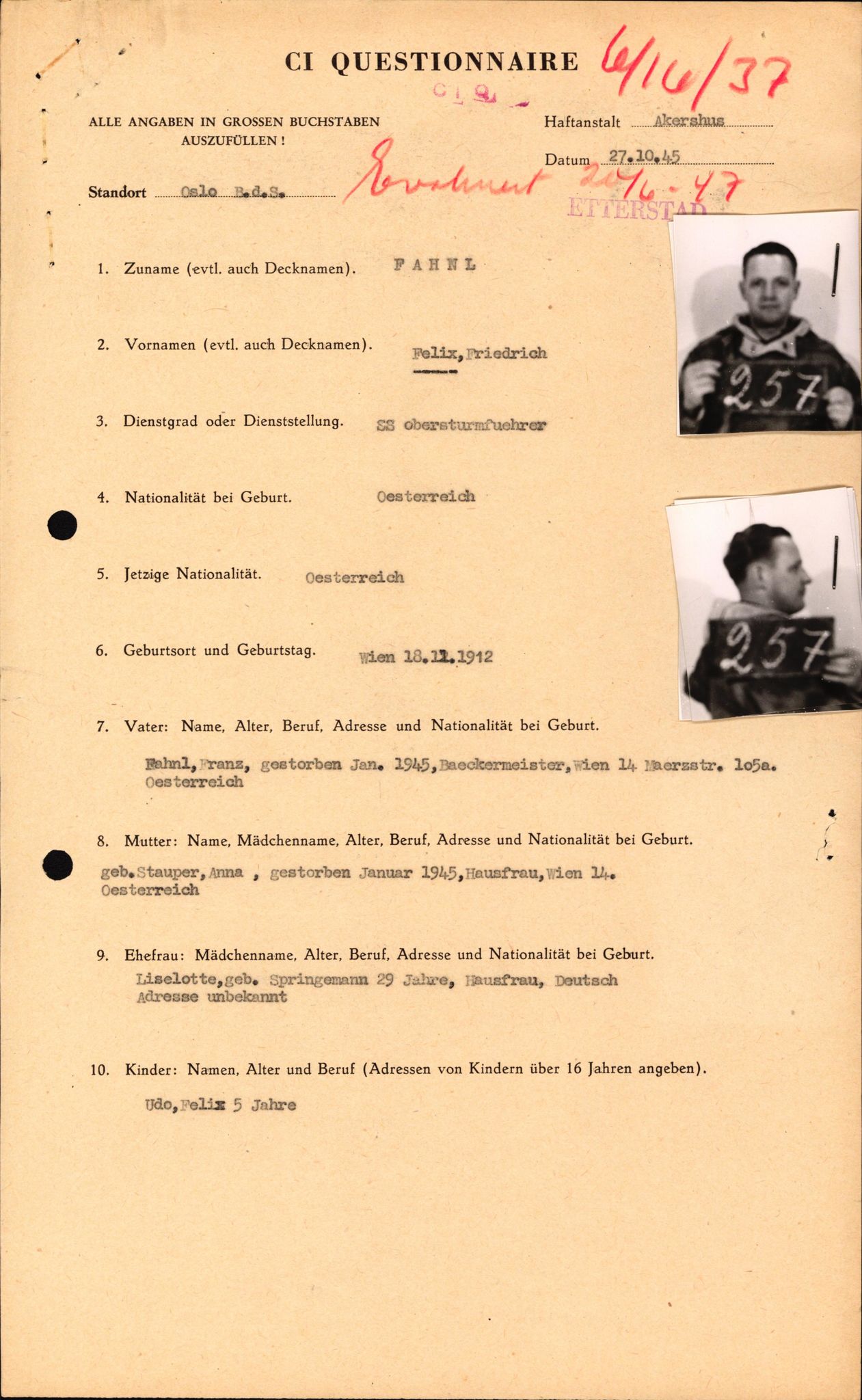 Forsvaret, Forsvarets overkommando II, AV/RA-RAFA-3915/D/Db/L0038: CI Questionaires. Tyske okkupasjonsstyrker i Norge. Østerrikere., 1945-1946, p. 267