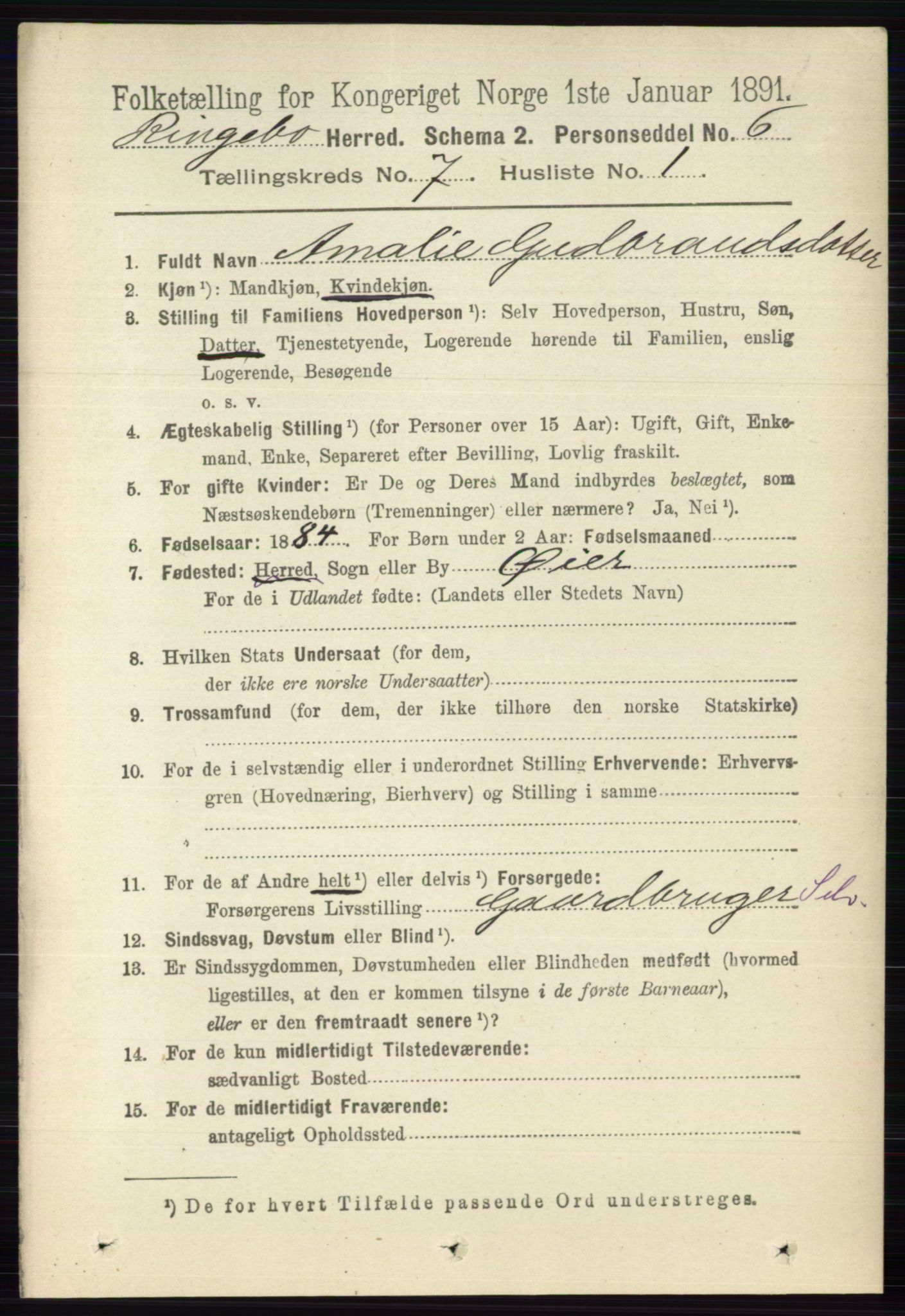 RA, 1891 census for 0520 Ringebu, 1891, p. 3040