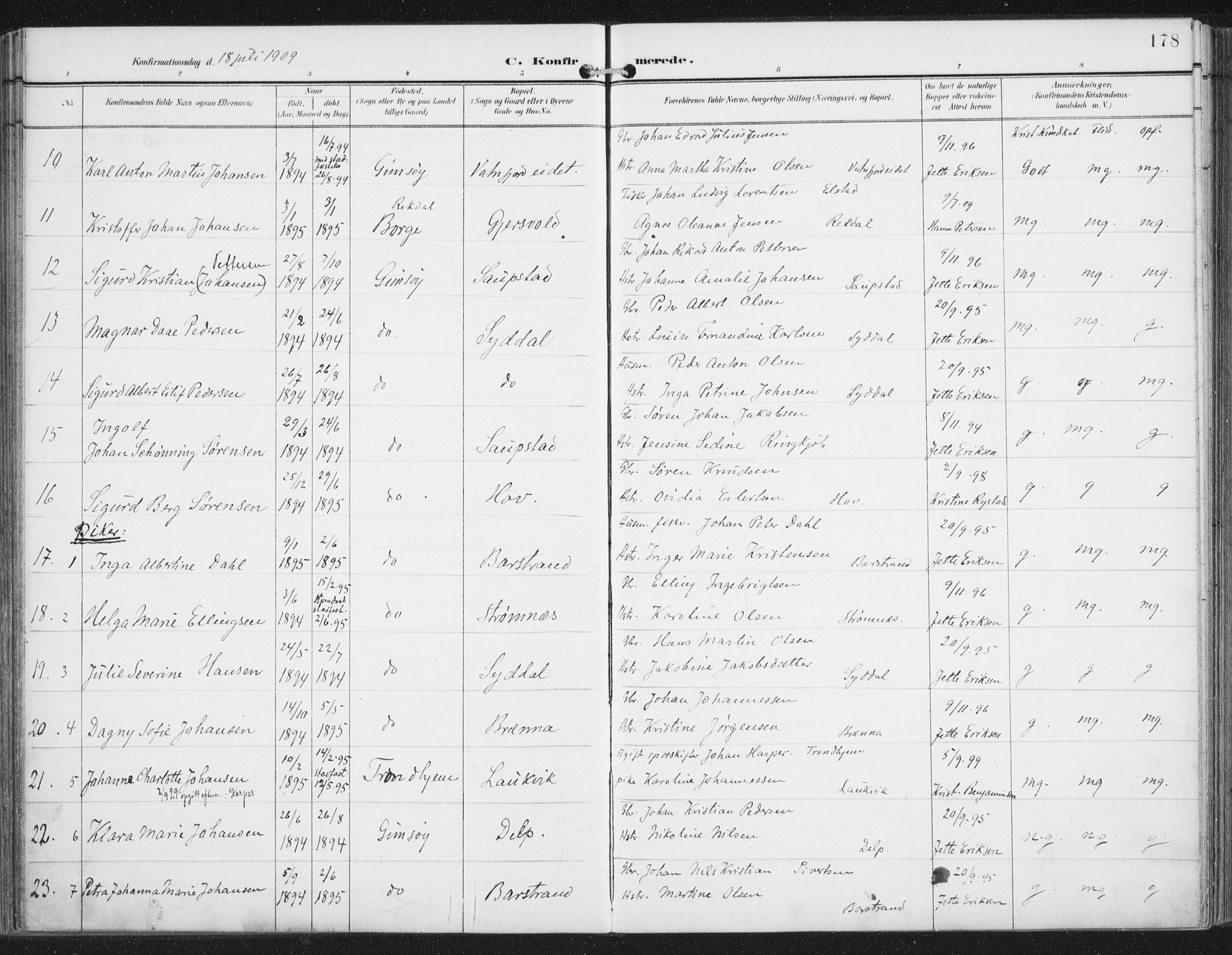 Ministerialprotokoller, klokkerbøker og fødselsregistre - Nordland, SAT/A-1459/876/L1098: Parish register (official) no. 876A04, 1896-1915, p. 178