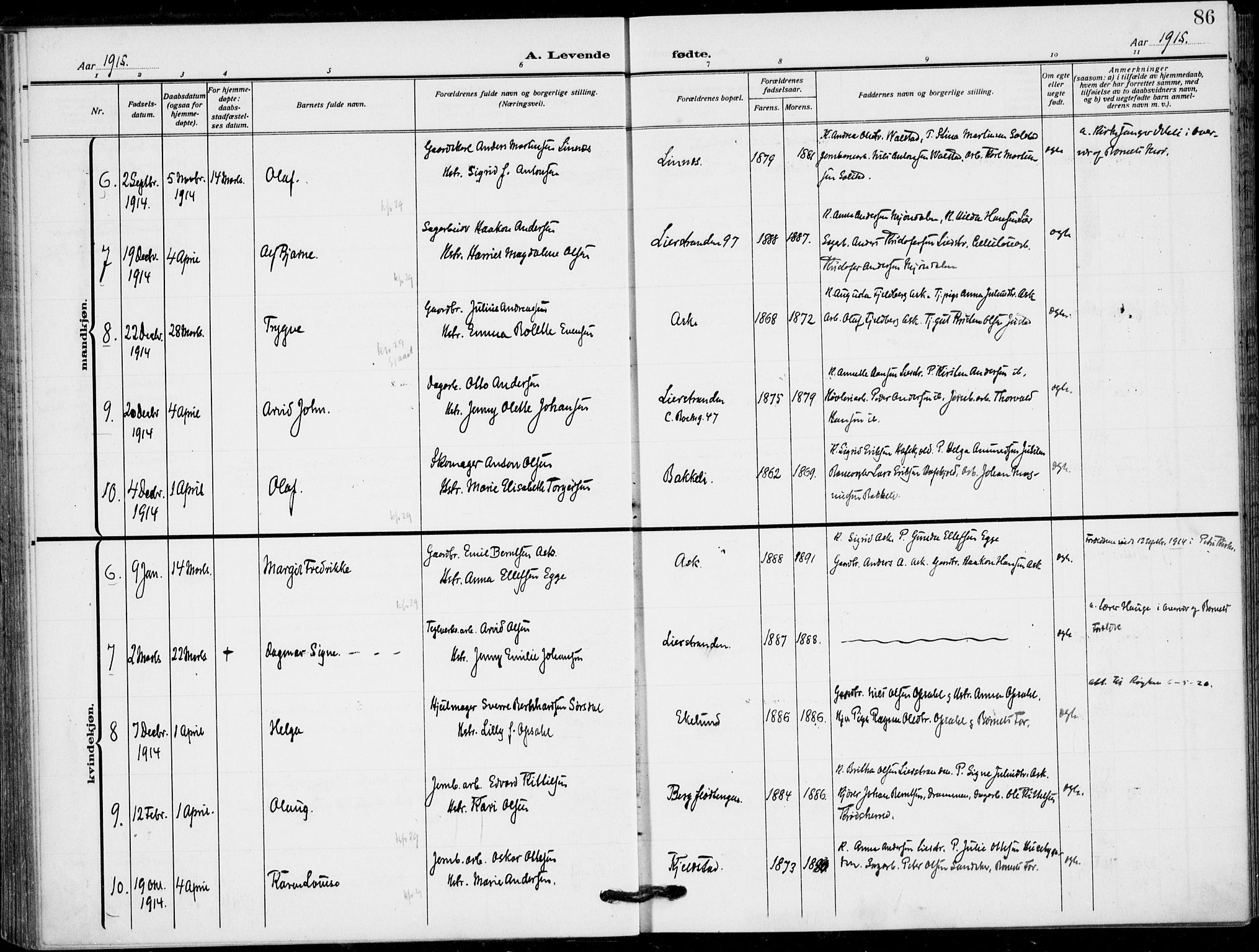 Lier kirkebøker, AV/SAKO-A-230/F/Fa/L0018: Parish register (official) no. I 18, 1909-1917, p. 86