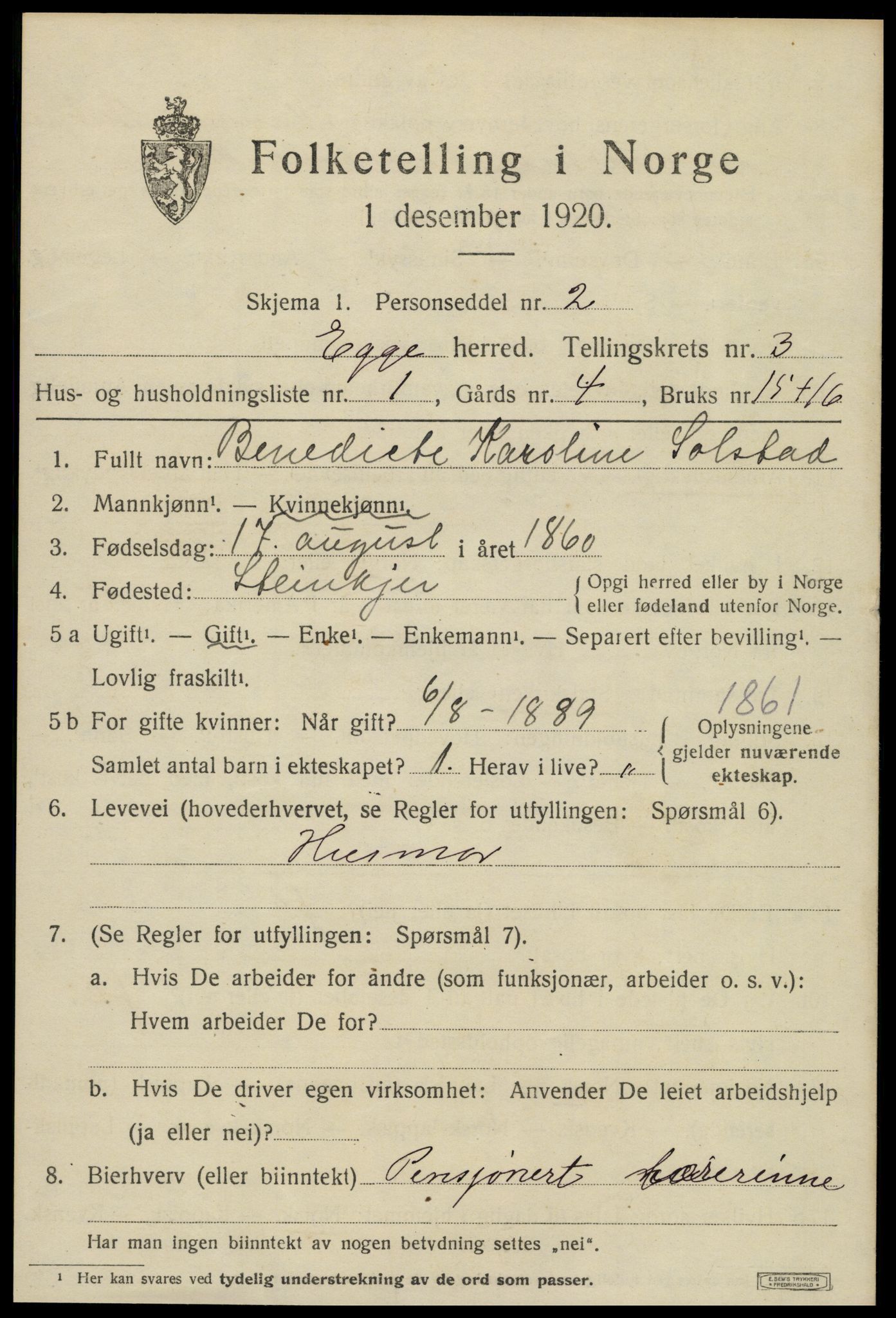 SAT, 1920 census for Egge, 1920, p. 1860