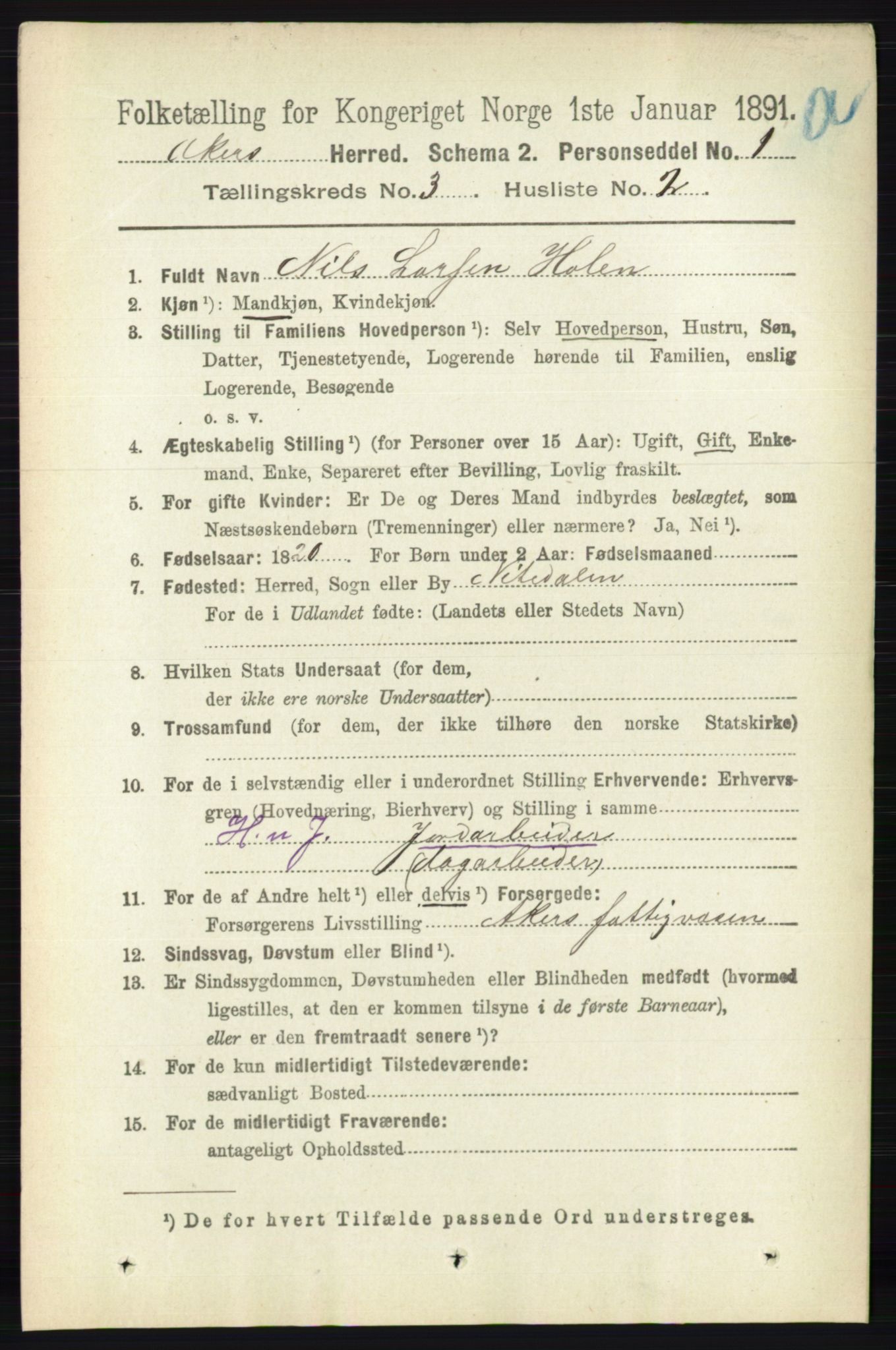 RA, 1891 census for 0218 Aker, 1891, p. 2933