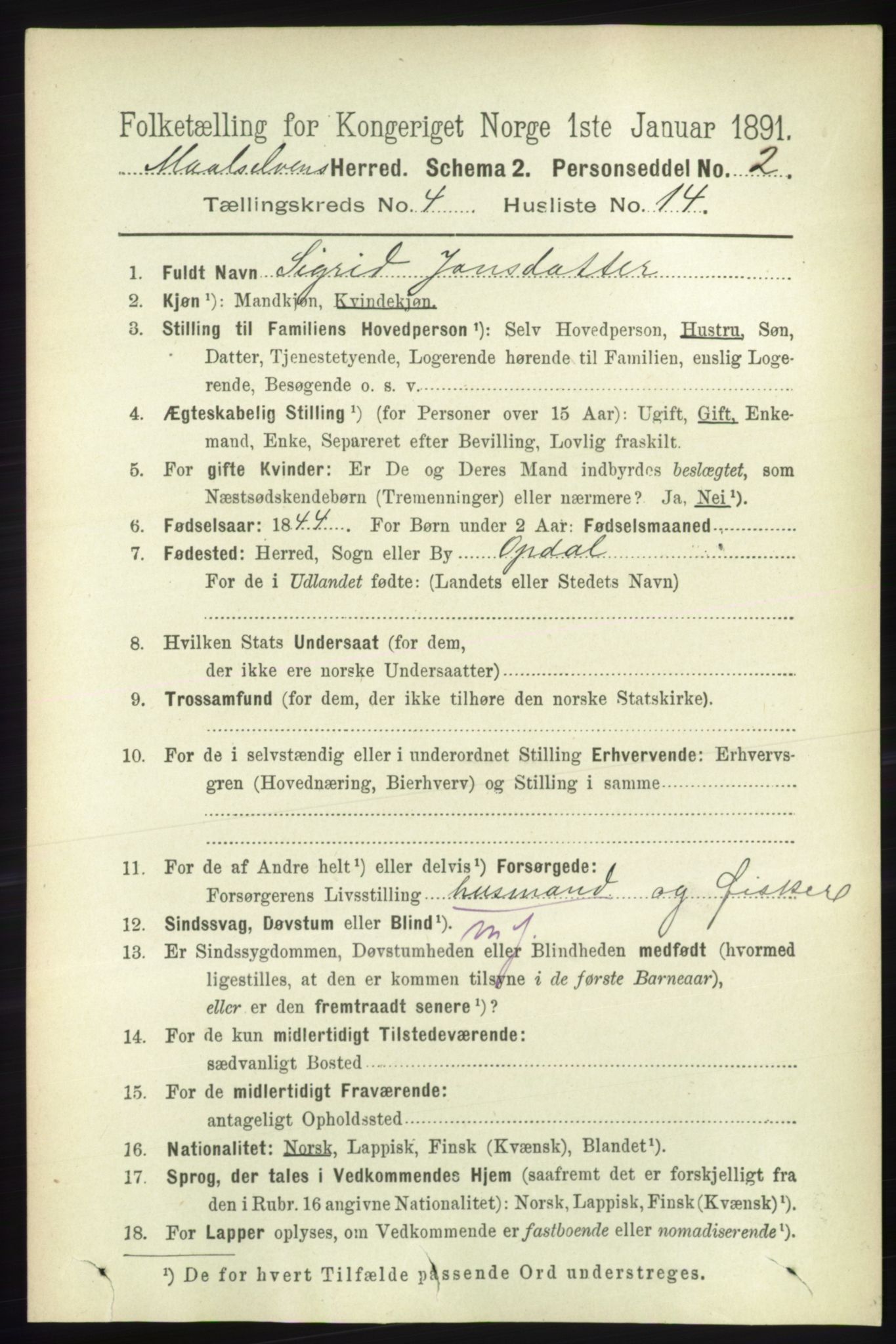 RA, 1891 census for 1924 Målselv, 1891, p. 1170