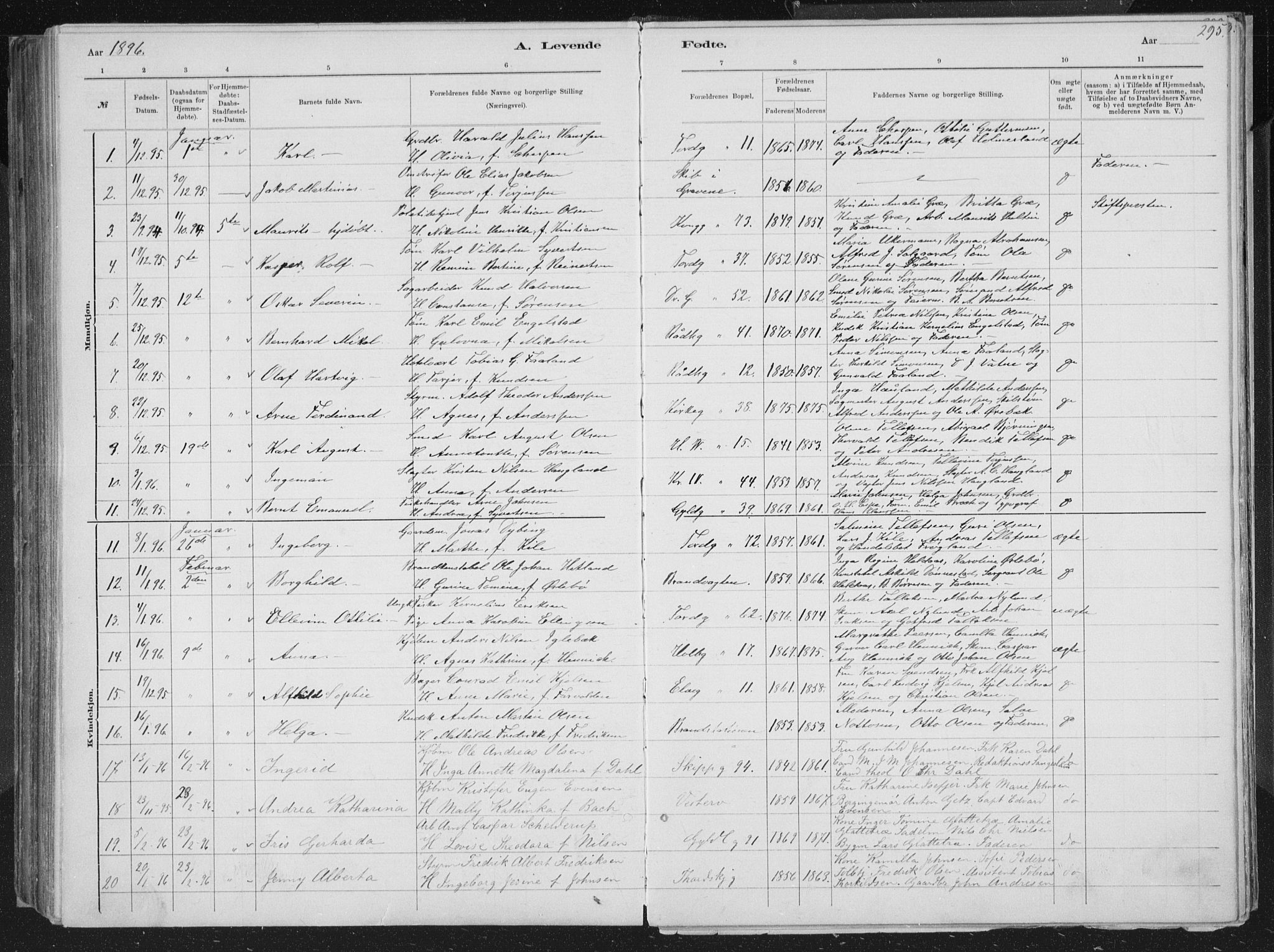 Kristiansand domprosti, SAK/1112-0006/F/Fb/L0014: Parish register (copy) no. B 14, 1881-1896, p. 295