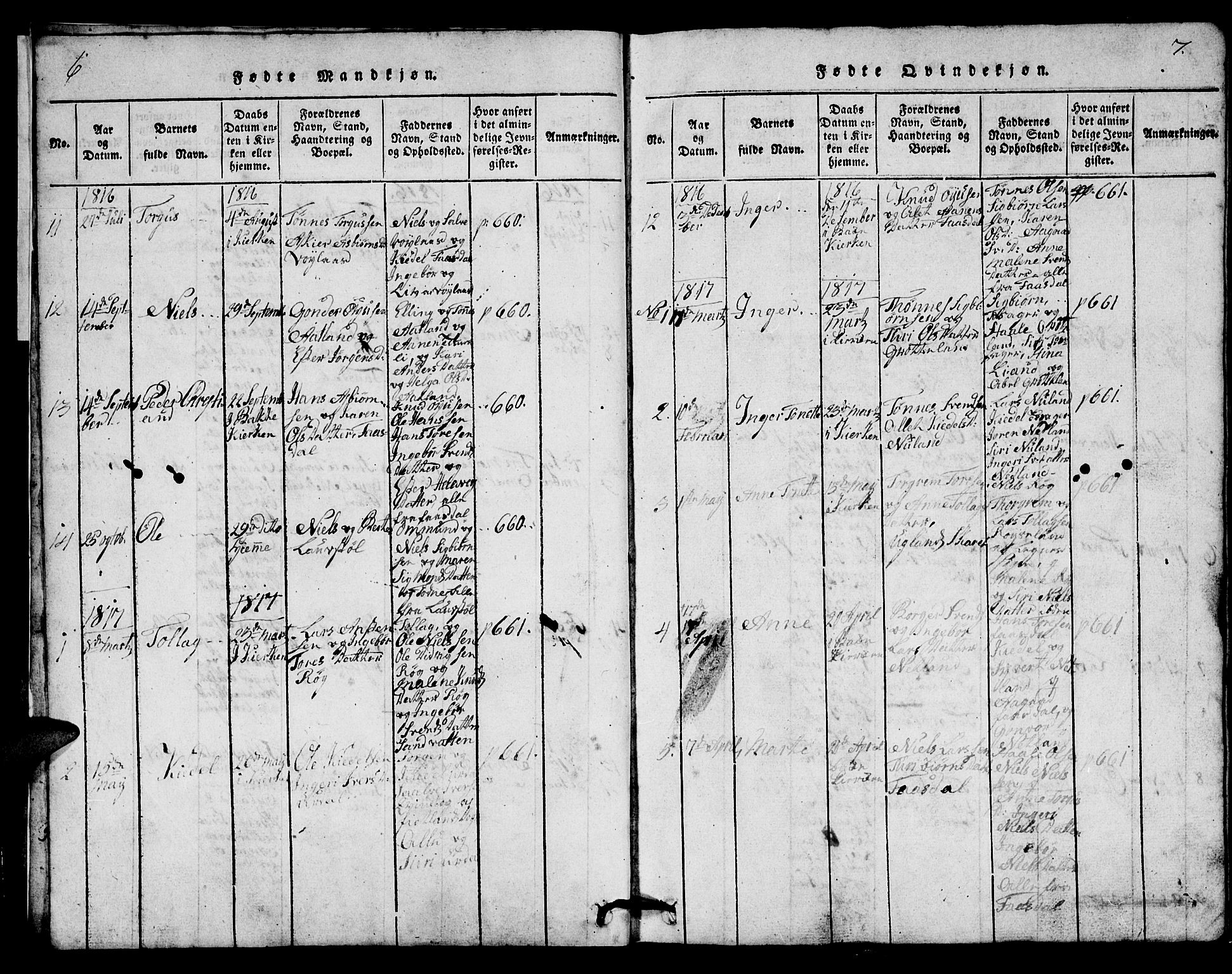 Bakke sokneprestkontor, SAK/1111-0002/F/Fb/Fbb/L0001: Parish register (copy) no. B 1, 1815-1835, p. 6-7