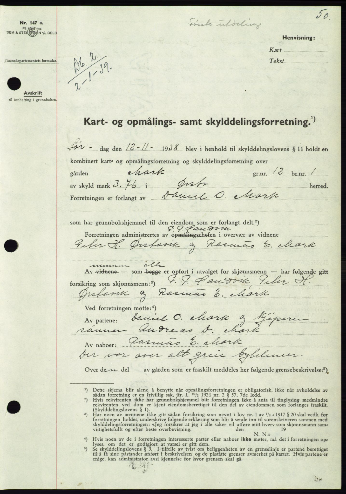 Søre Sunnmøre sorenskriveri, AV/SAT-A-4122/1/2/2C/L0067: Mortgage book no. 61, 1938-1939, Diary no: : 2/1939