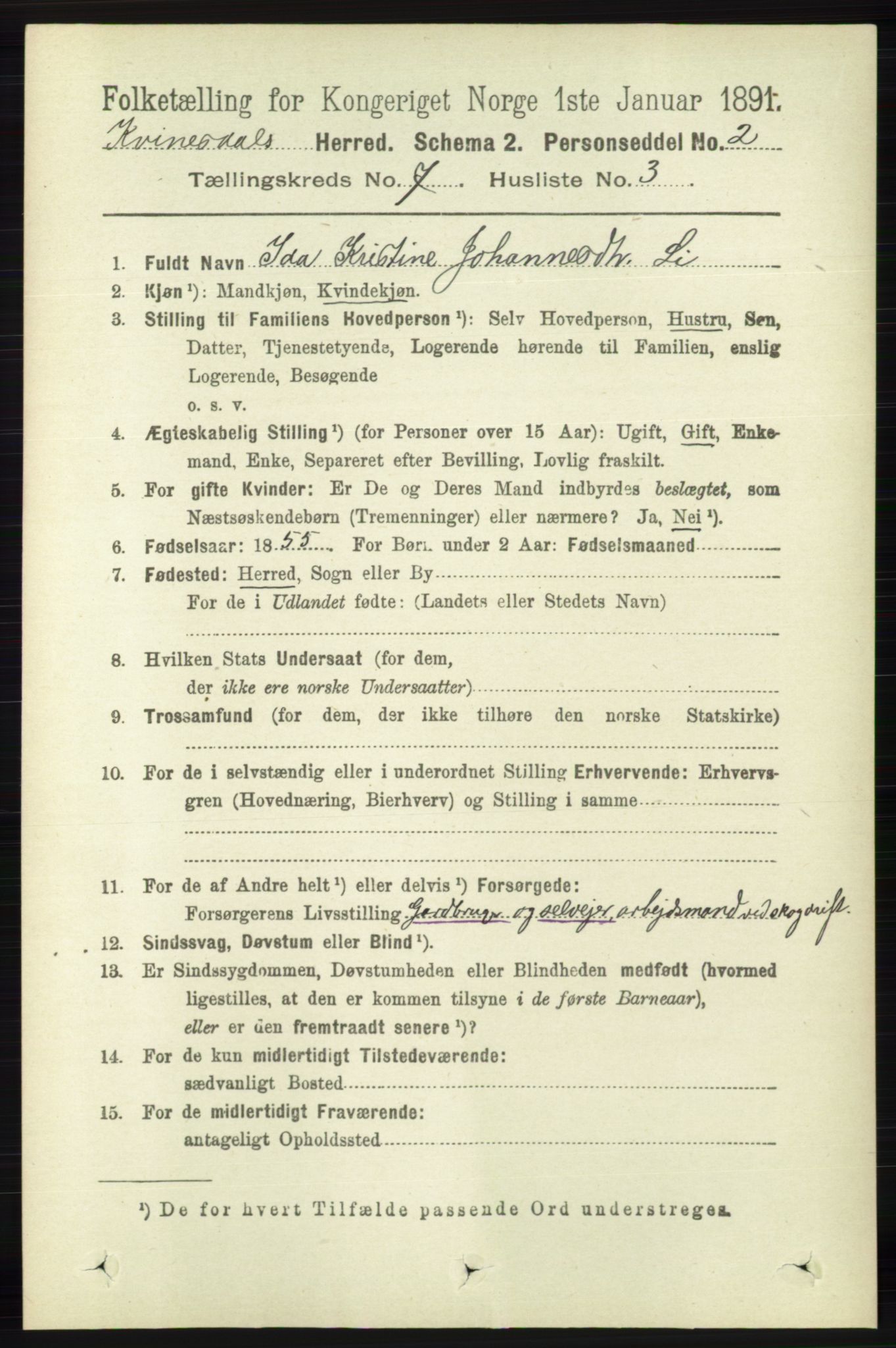 RA, 1891 census for 1037 Kvinesdal, 1891, p. 2436