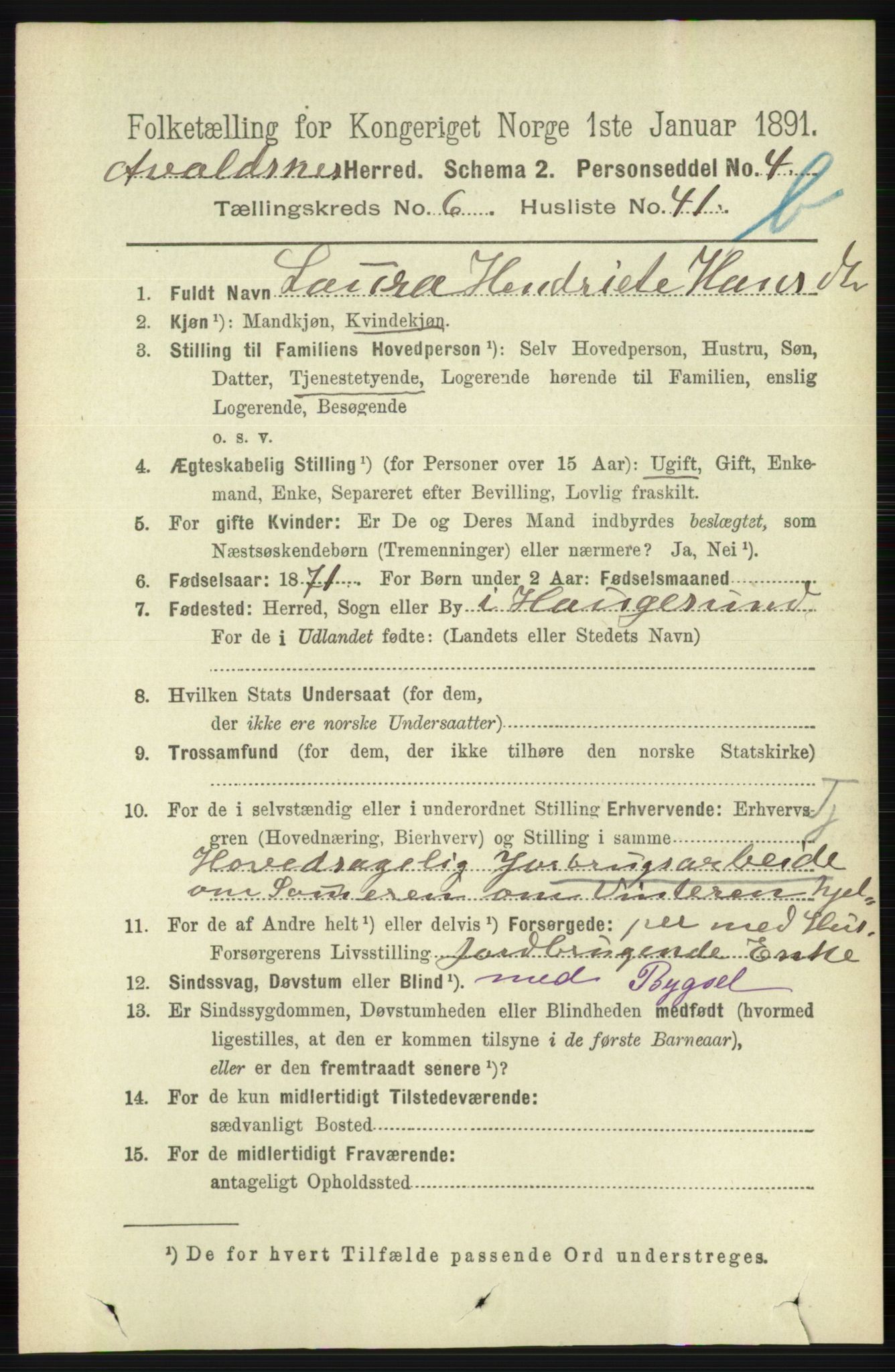 RA, 1891 census for 1147 Avaldsnes, 1891, p. 3469