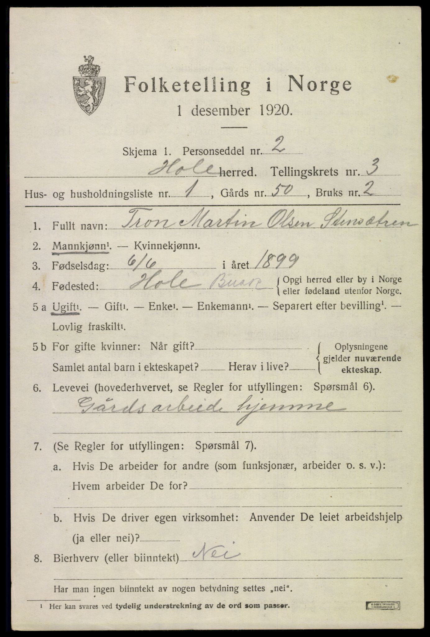 SAKO, 1920 census for Hole, 1920, p. 2727