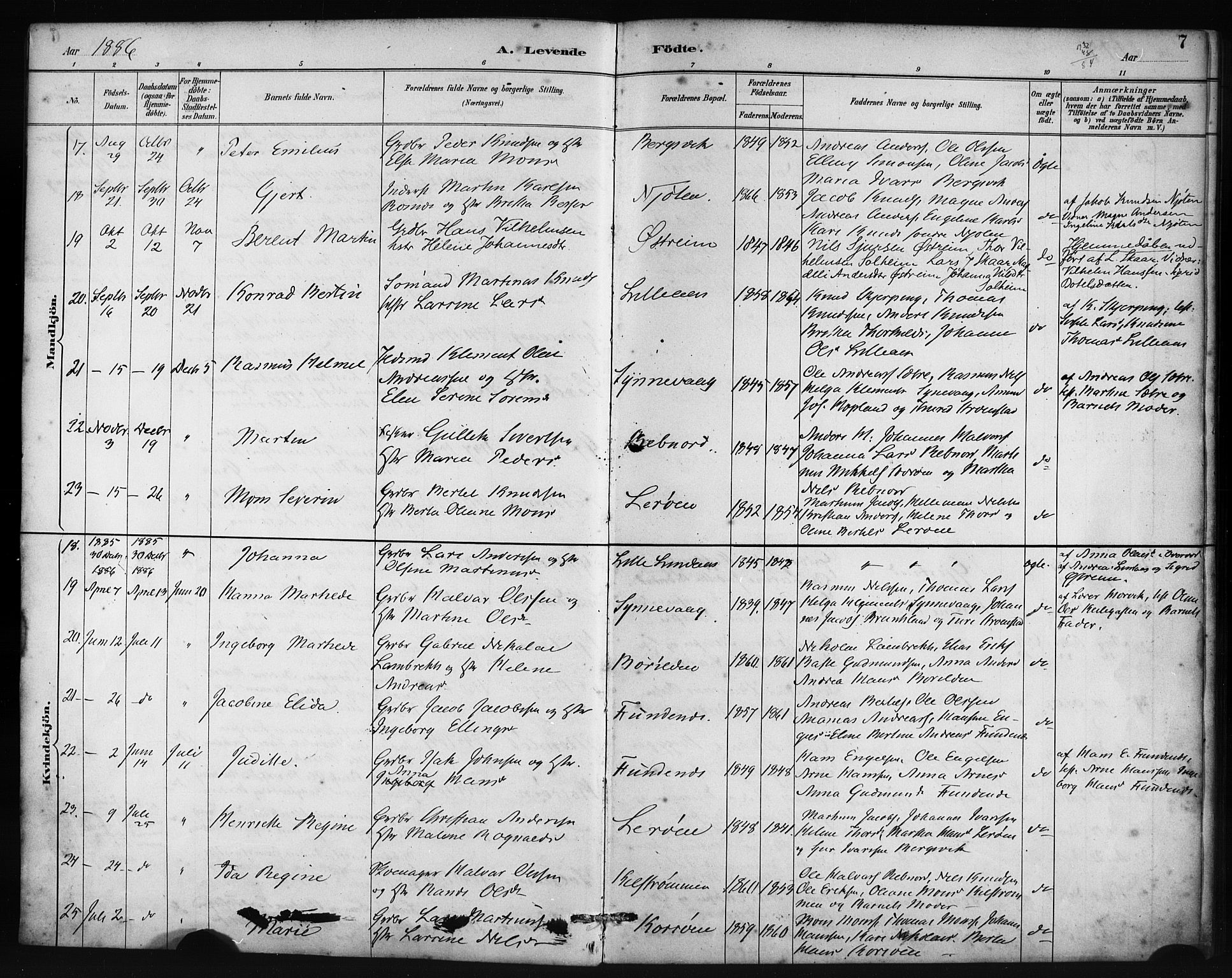 Lindås Sokneprestembete, SAB/A-76701/H/Haa: Parish register (official) no. C 1, 1886-1896, p. 7
