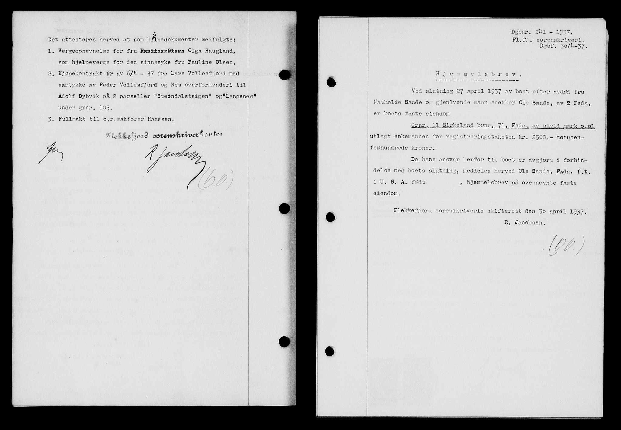 Flekkefjord sorenskriveri, SAK/1221-0001/G/Gb/Gba/L0053: Mortgage book no. A-1, 1936-1937, Diary no: : 241/1937