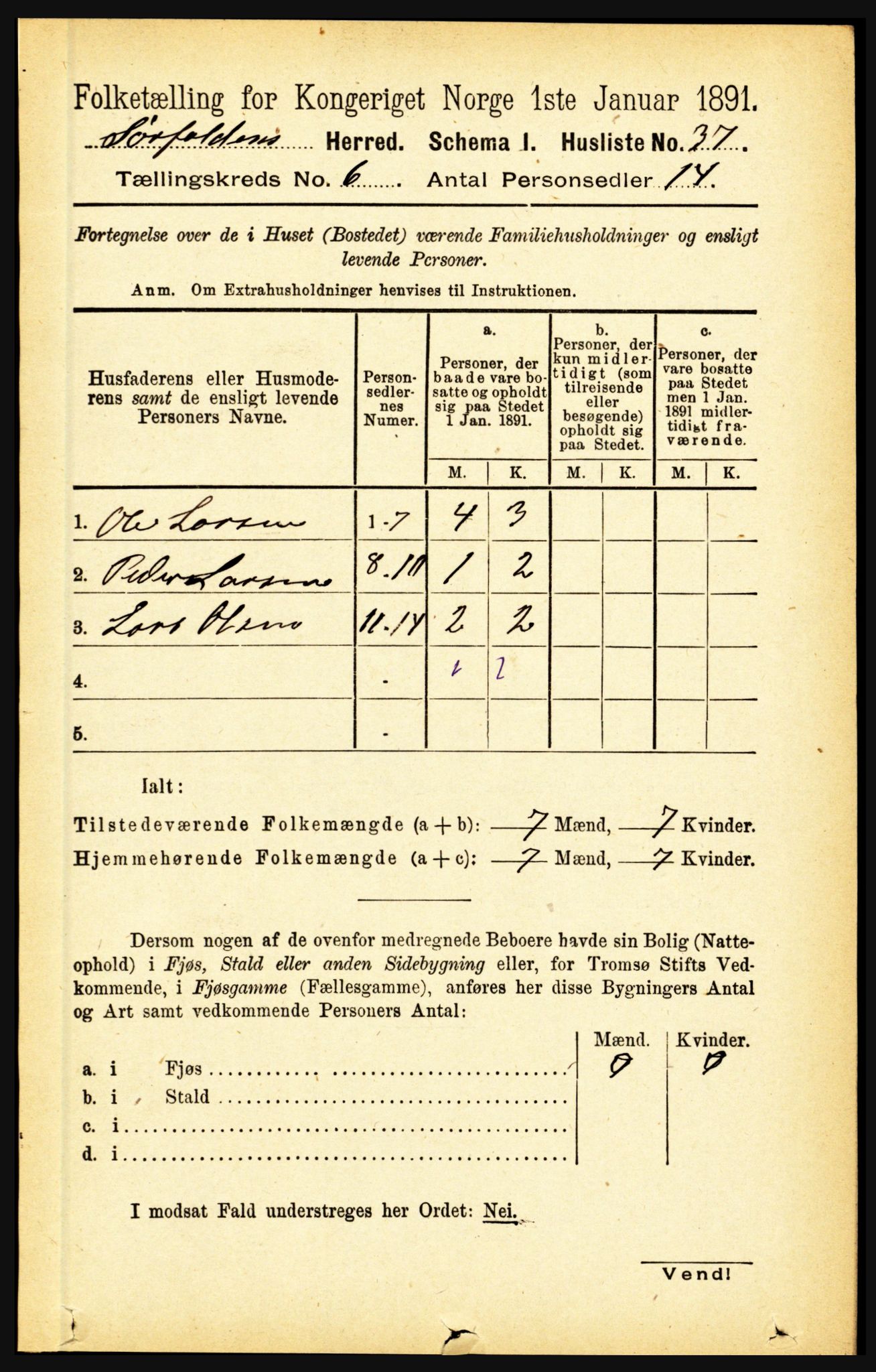 RA, 1891 census for 1845 Sørfold, 1891, p. 1809