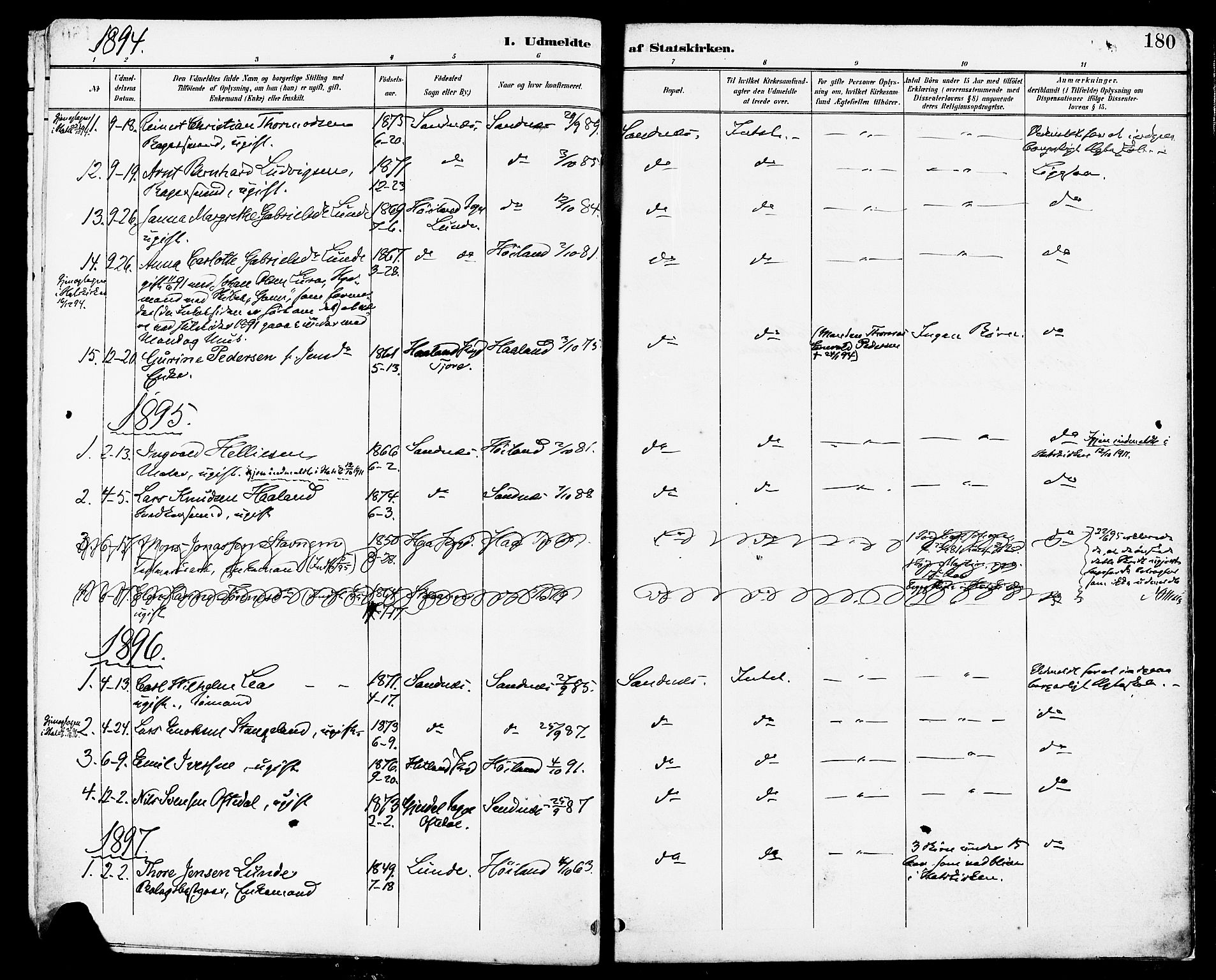 Høyland sokneprestkontor, SAST/A-101799/001/30BA/L0014: Parish register (official) no. A 12, 1890-1898, p. 180