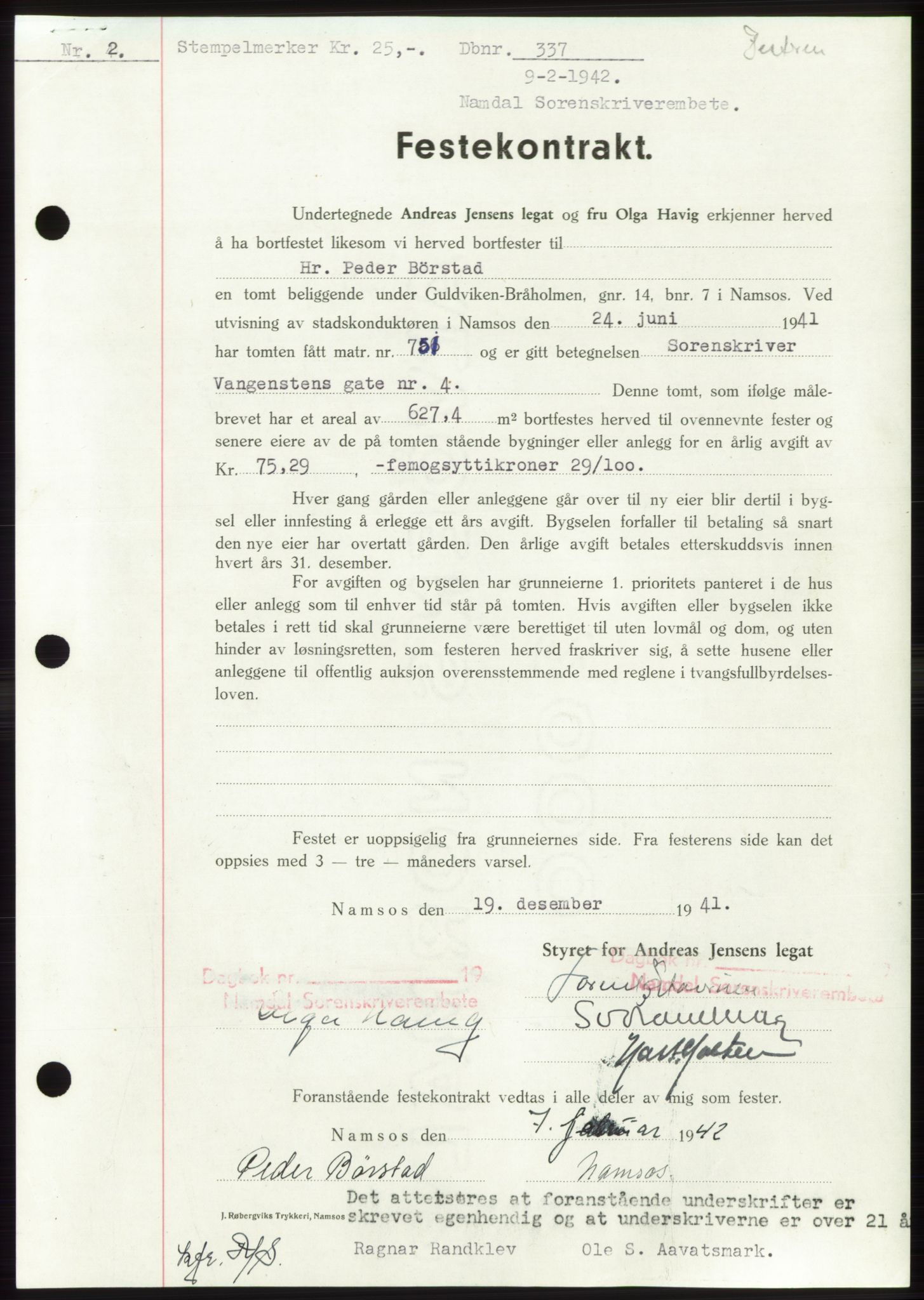Namdal sorenskriveri, AV/SAT-A-4133/1/2/2C: Mortgage book no. -, 1941-1942, Diary no: : 337/1942
