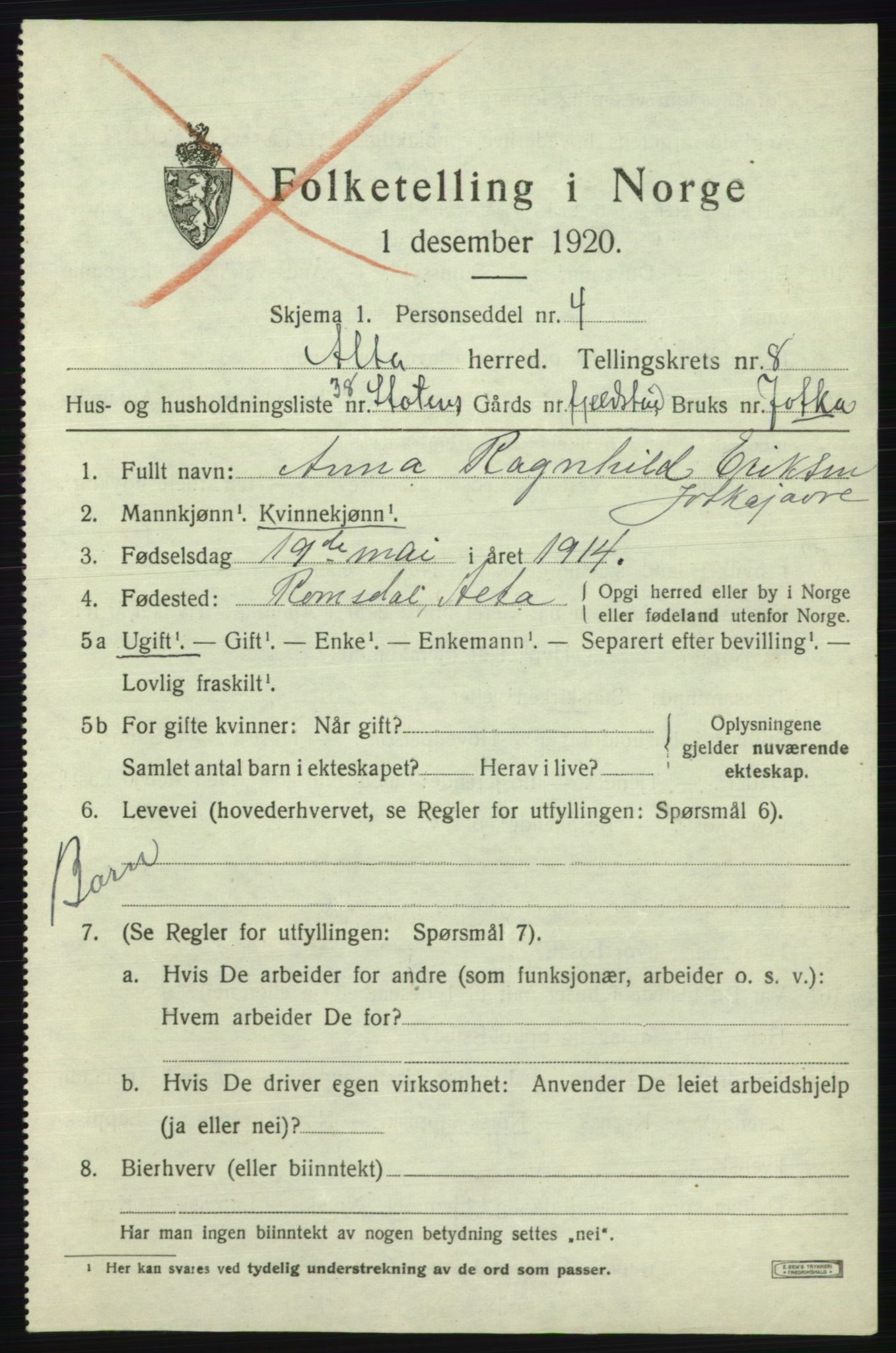 SATØ, 1920 census for Alta, 1920, p. 6583