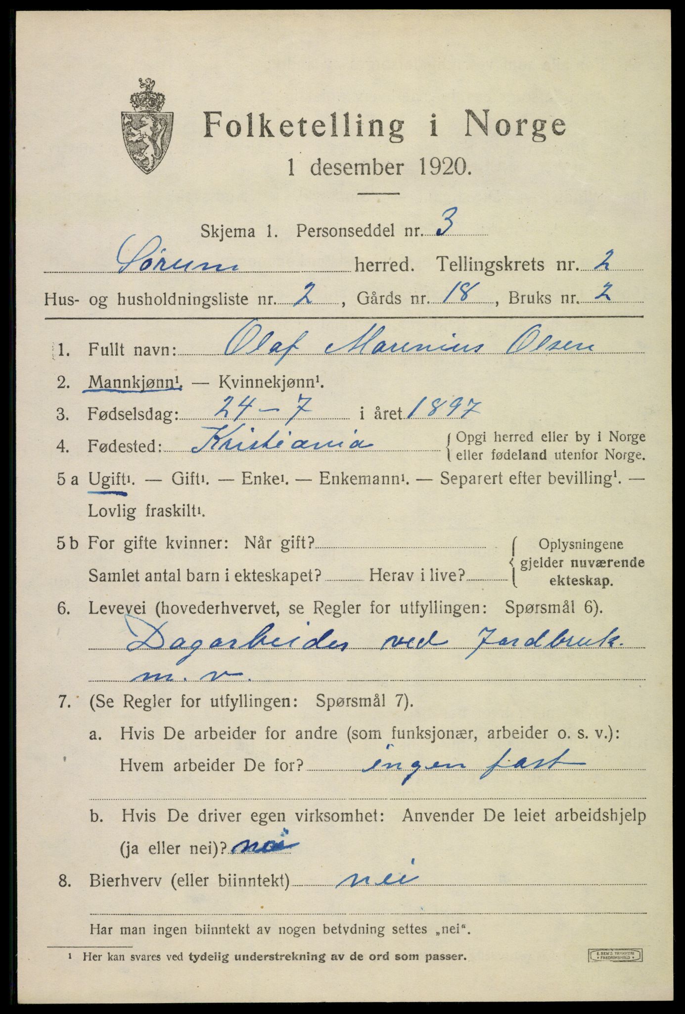 SAO, 1920 census for Sørum, 1920, p. 1657