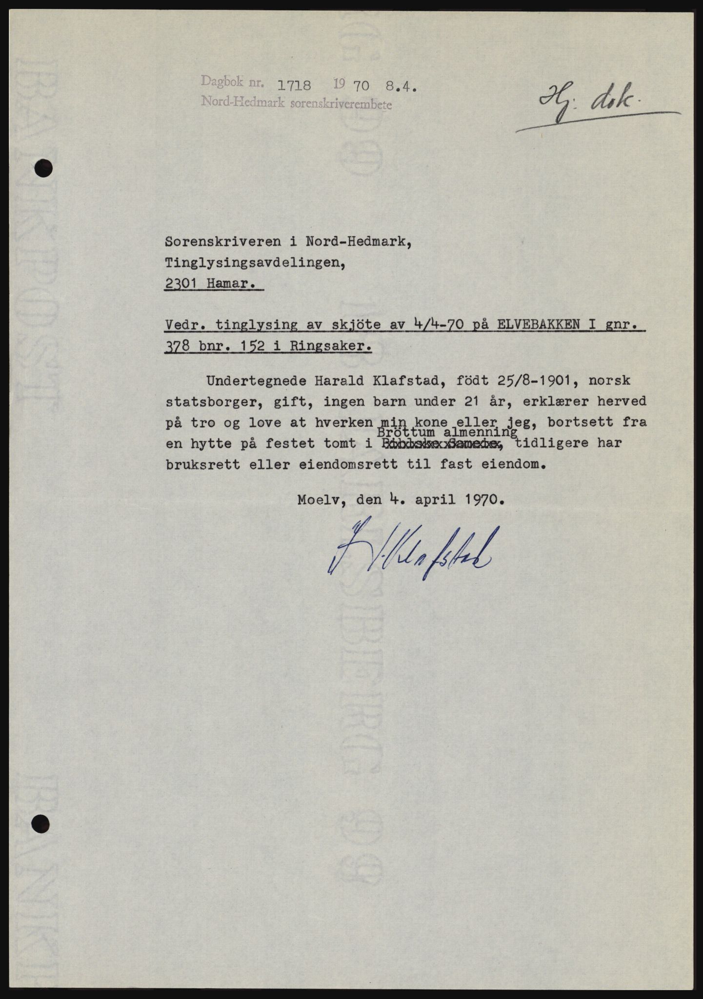 Nord-Hedmark sorenskriveri, SAH/TING-012/H/Hc/L0033: Mortgage book no. 33, 1970-1970, Diary no: : 1718/1970