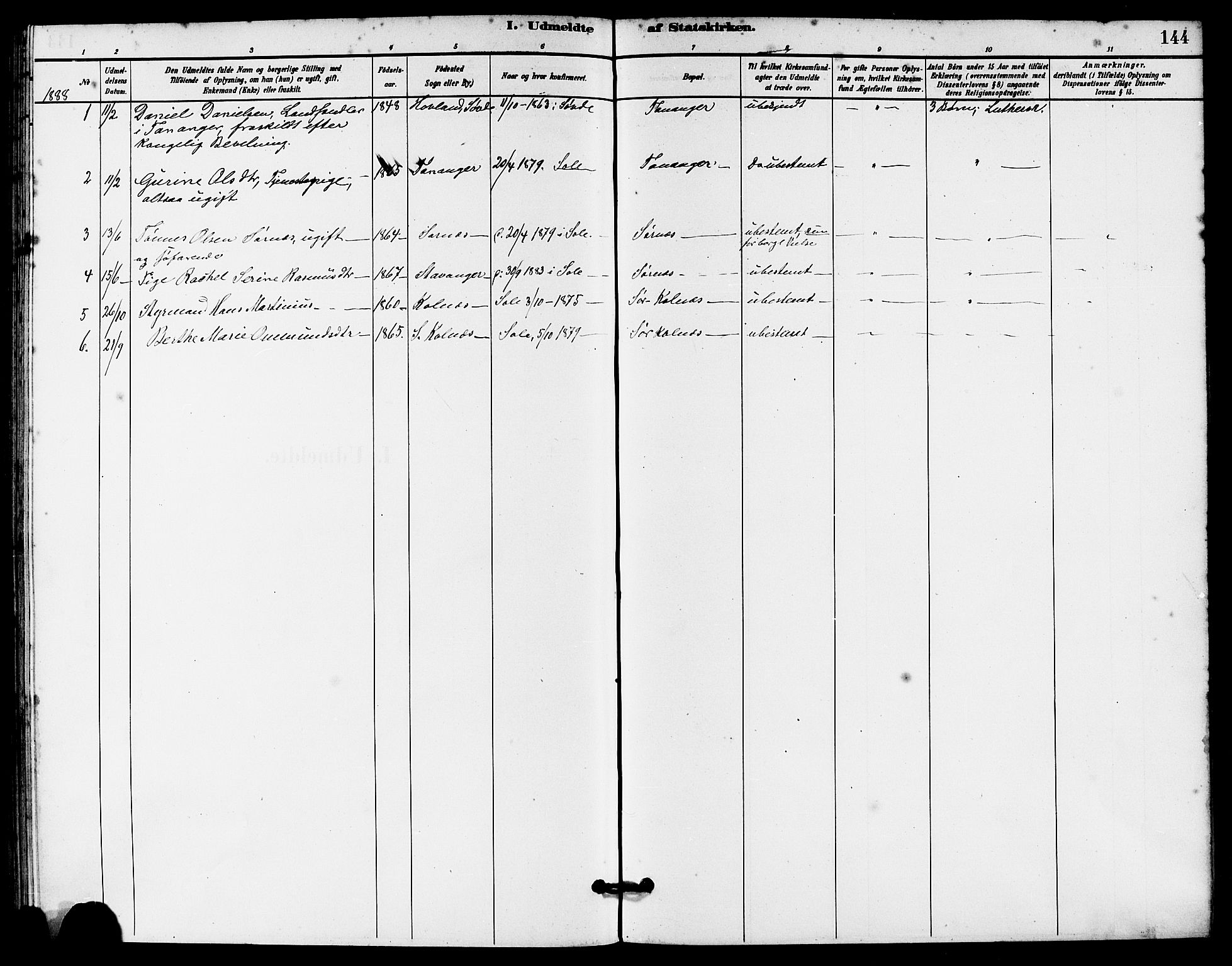 Håland sokneprestkontor, AV/SAST-A-101802/001/30BA/L0010: Parish register (official) no. A 9, 1883-1888, p. 144