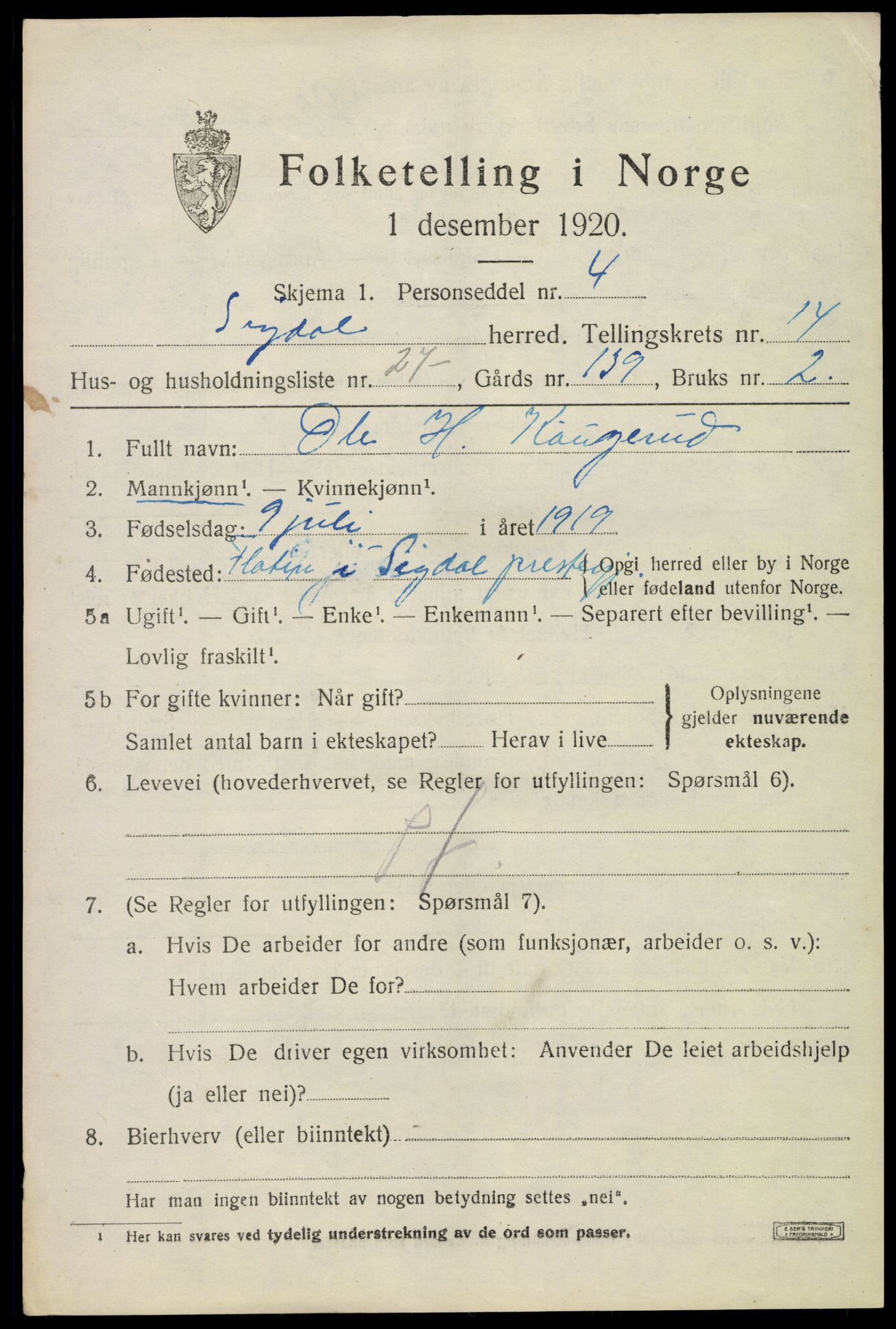 SAKO, 1920 census for Sigdal, 1920, p. 8906