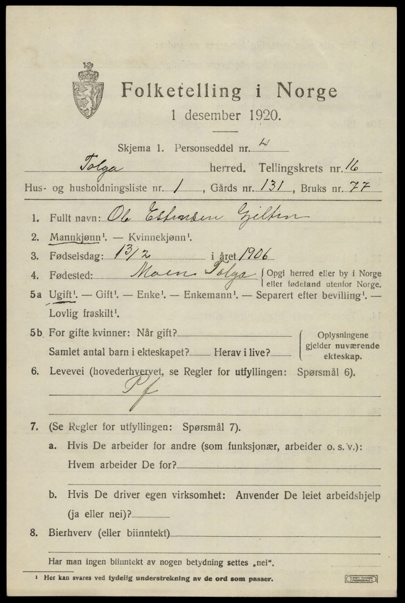 SAH, 1920 census for Tolga, 1920, p. 7383