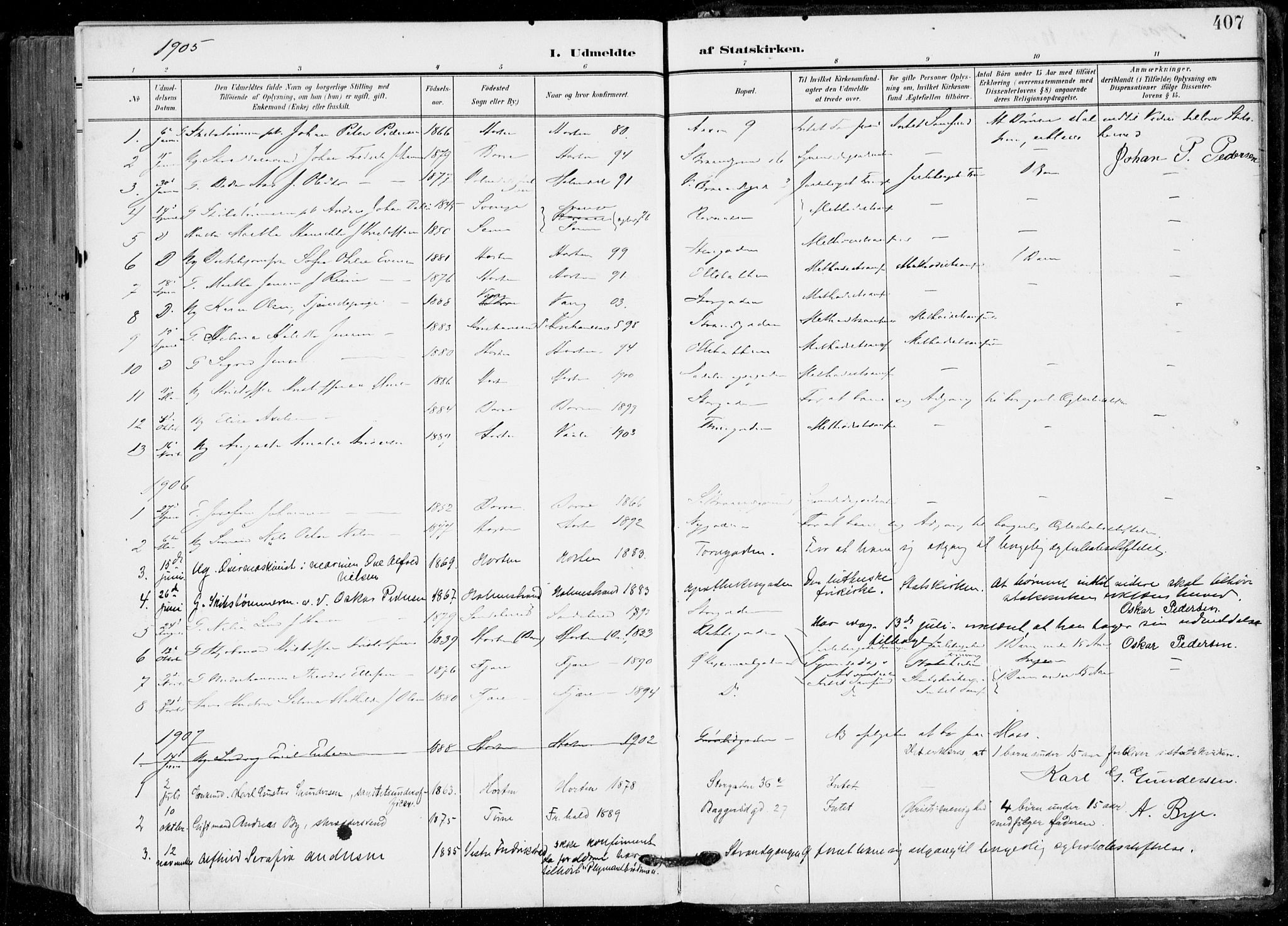 Horten kirkebøker, AV/SAKO-A-348/F/Fa/L0006: Parish register (official) no. 6, 1905-1912, p. 407