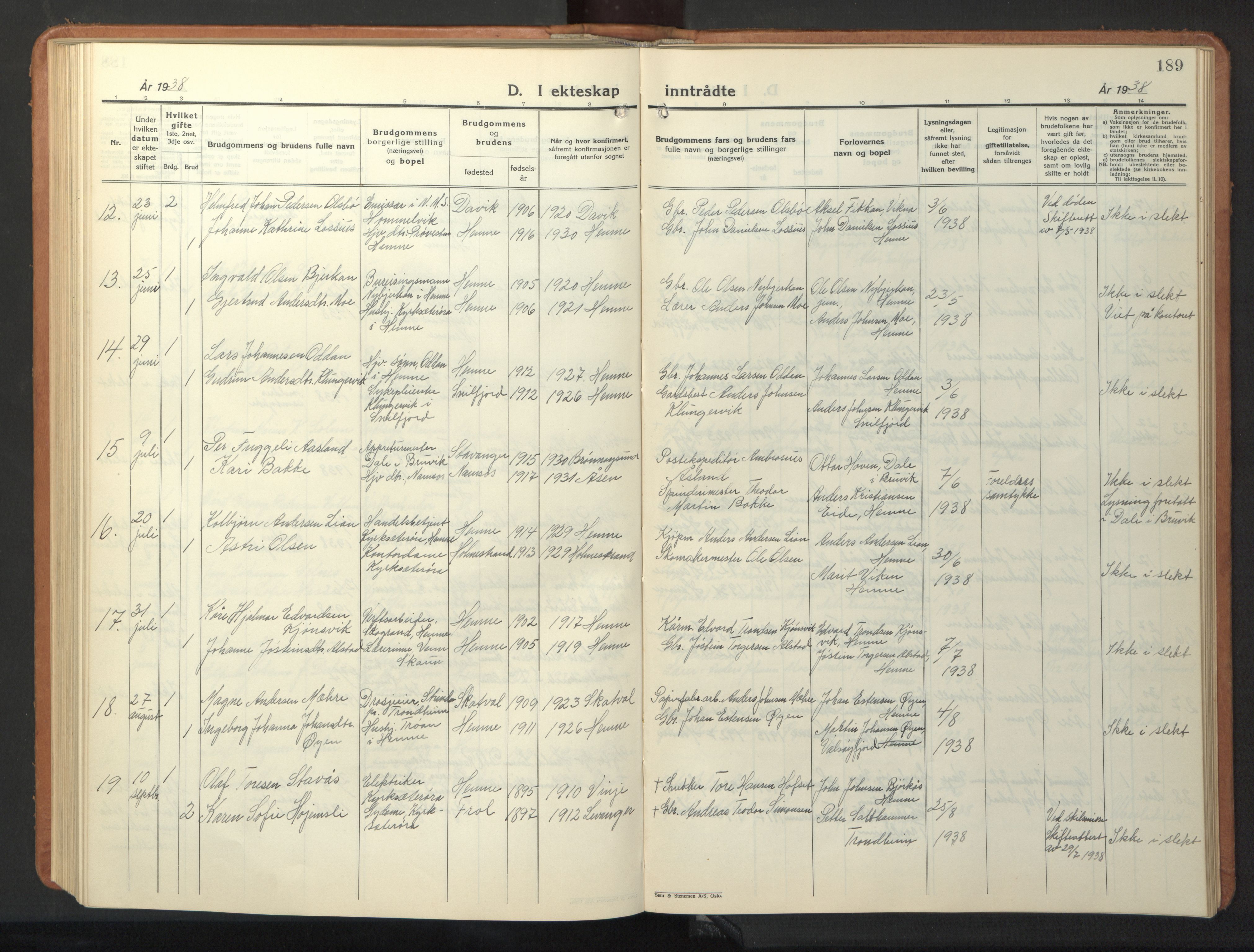 Ministerialprotokoller, klokkerbøker og fødselsregistre - Sør-Trøndelag, AV/SAT-A-1456/630/L0508: Parish register (copy) no. 630C06, 1933-1950, p. 189