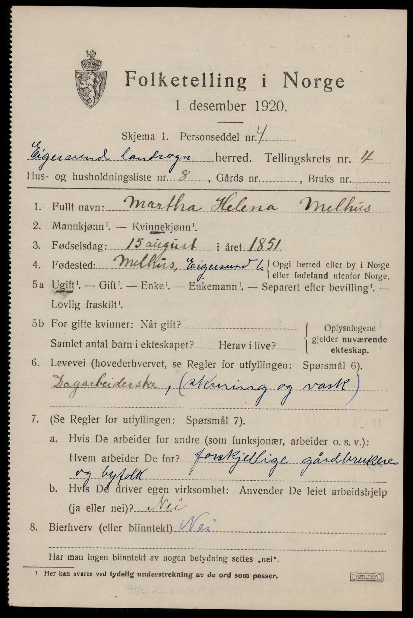 SAST, 1920 census for Eigersund, 1920, p. 2901