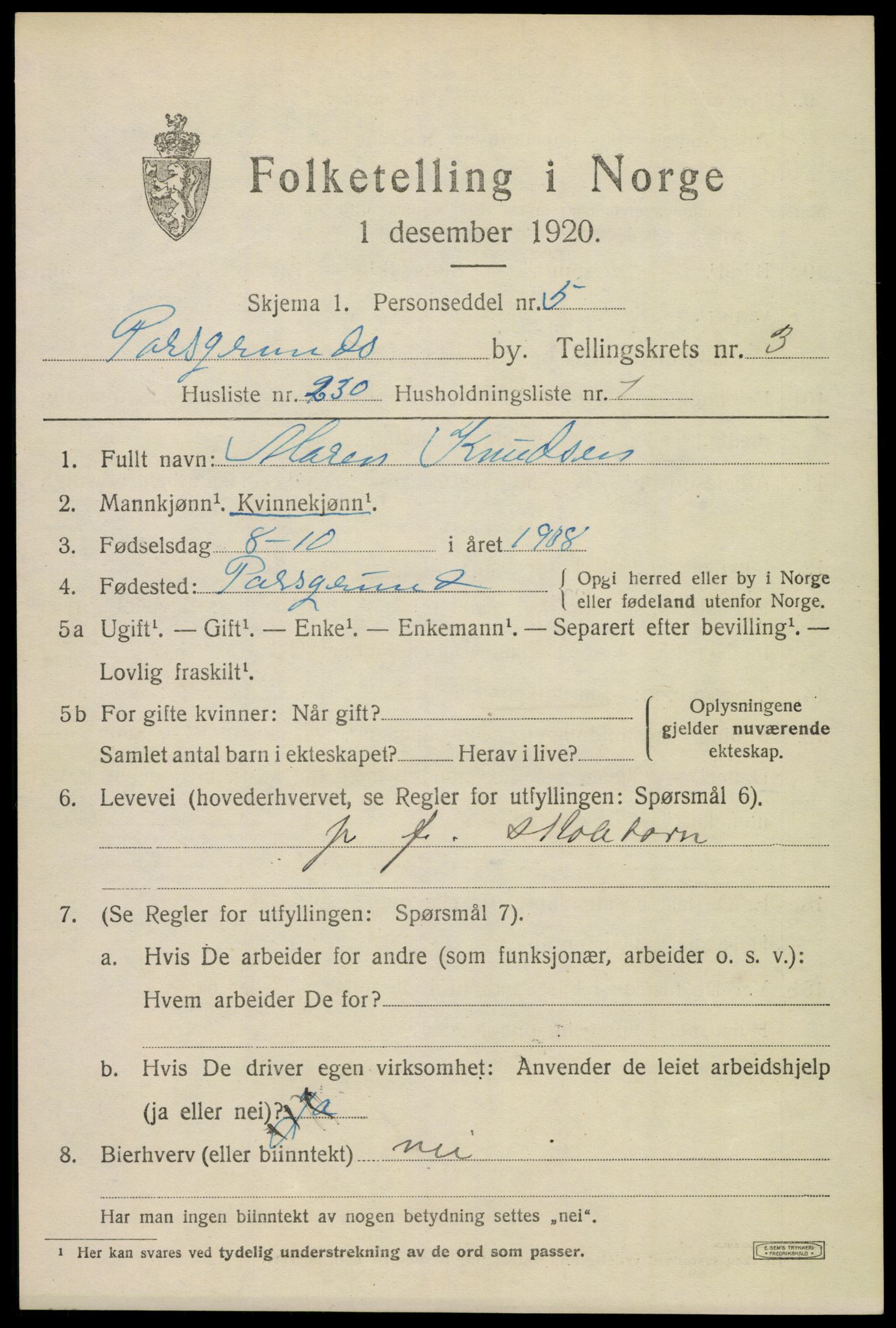 SAKO, 1920 census for Porsgrunn, 1920, p. 17339