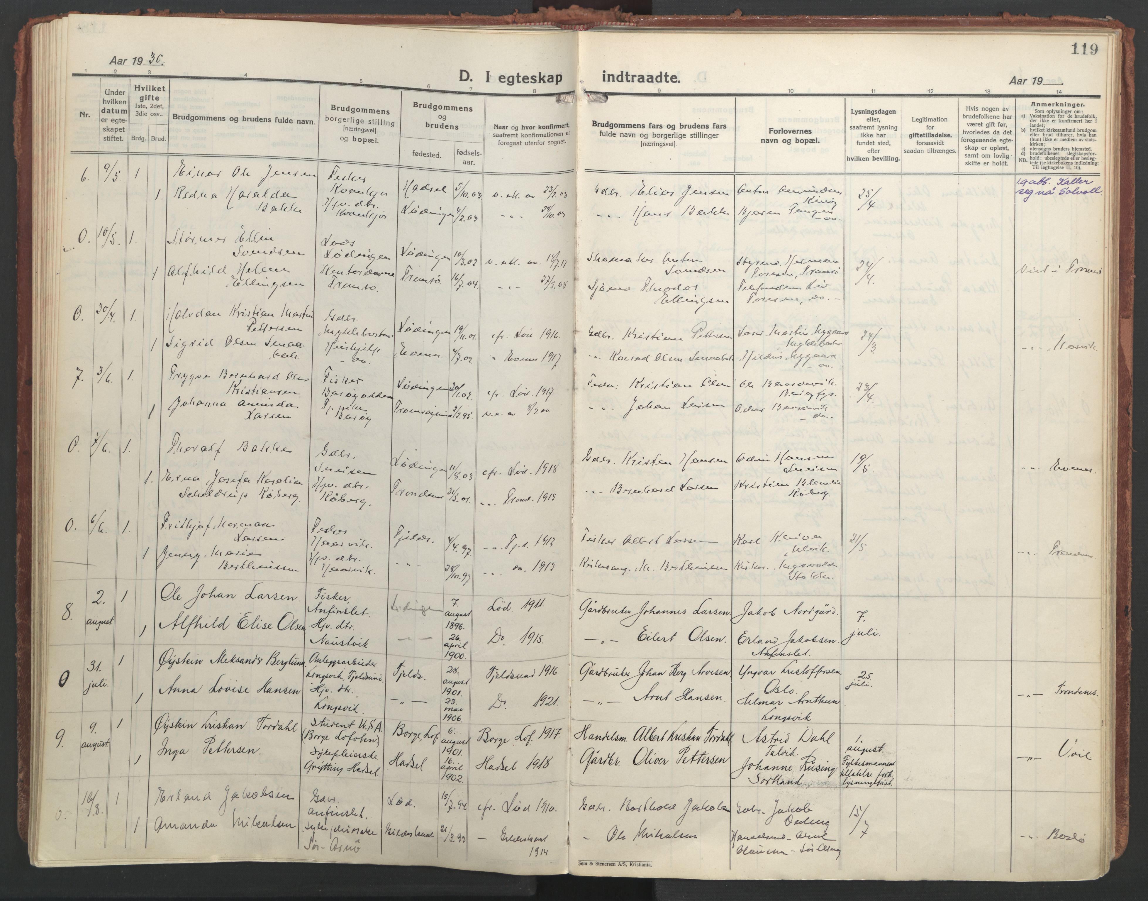 Ministerialprotokoller, klokkerbøker og fødselsregistre - Nordland, AV/SAT-A-1459/872/L1043: Parish register (official) no. 872A18, 1925-1939, p. 119