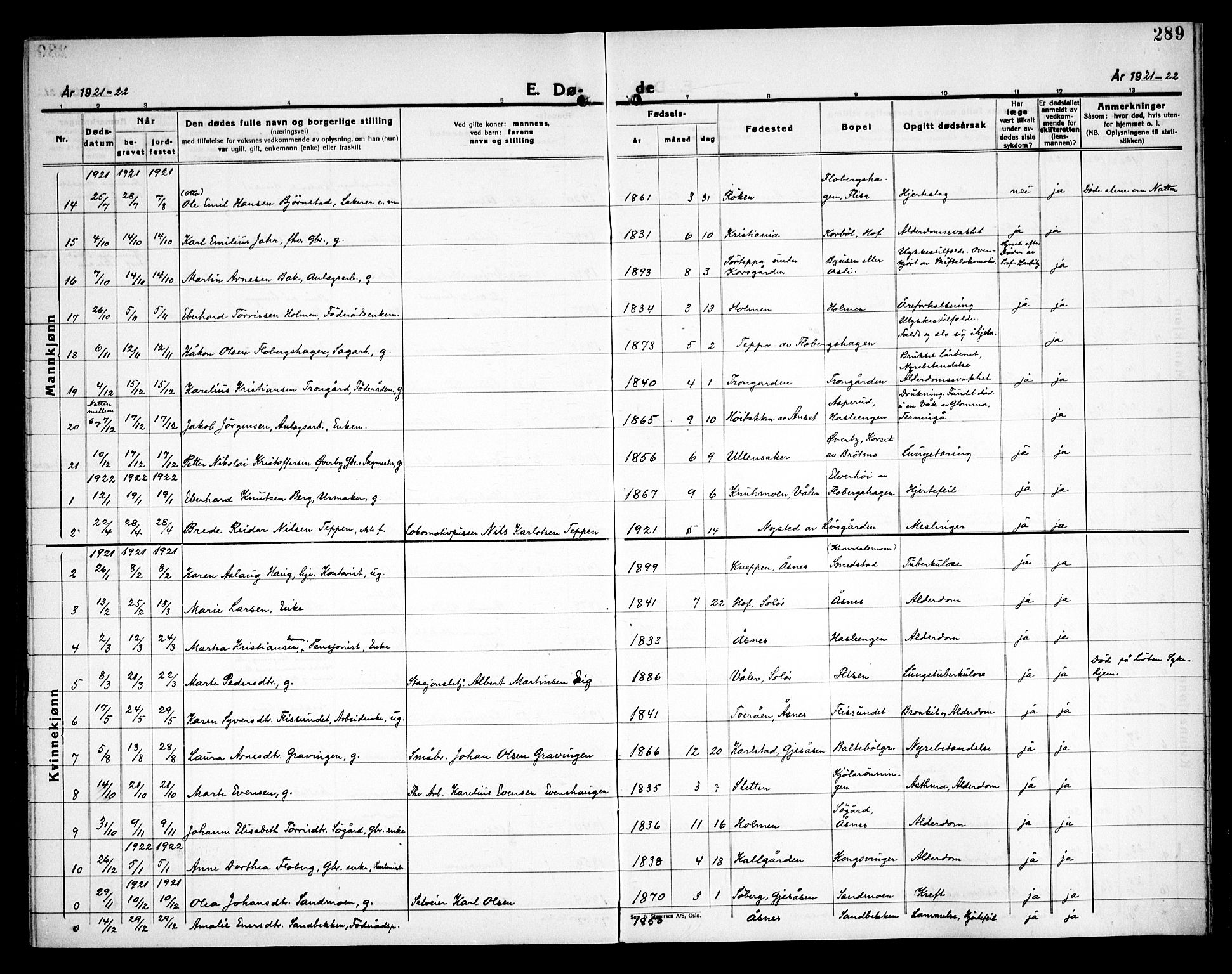 Åsnes prestekontor, SAH/PREST-042/H/Ha/Haa/L0000C: Parish register (official) no. 0A, 1890-1929, p. 289