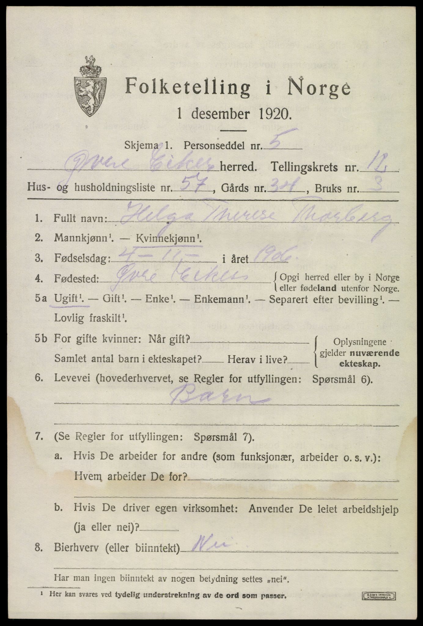 SAKO, 1920 census for Øvre Eiker, 1920, p. 19232