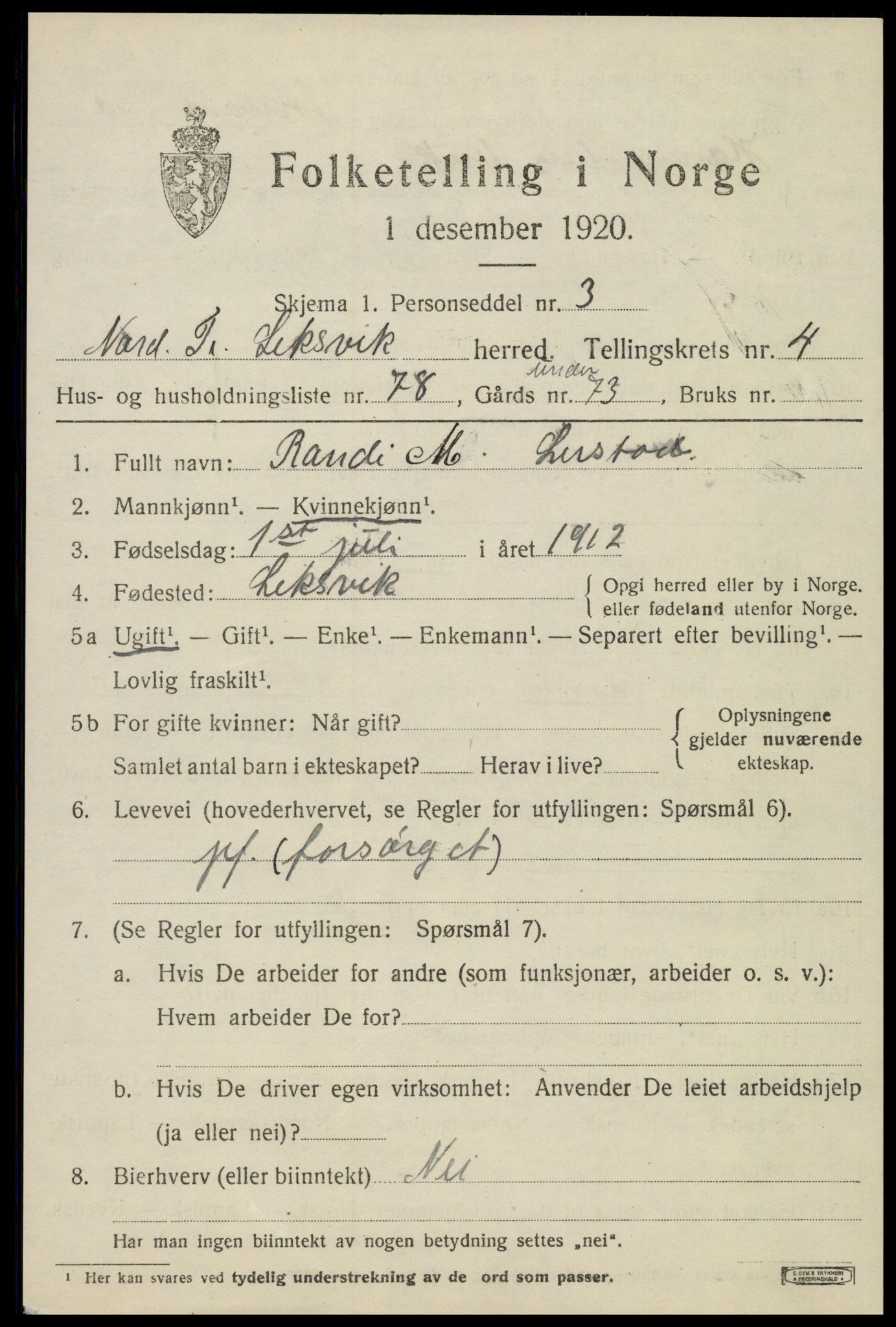 SAT, 1920 census for Leksvik, 1920, p. 4500