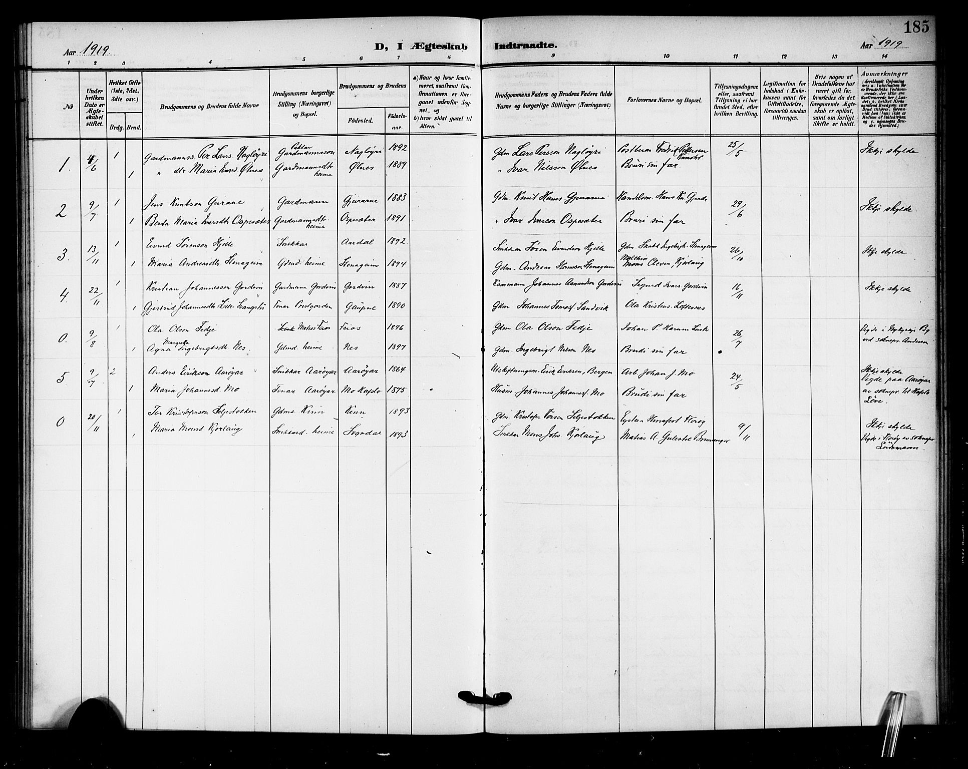 Sogndal sokneprestembete, AV/SAB-A-81301/H/Hab/Haba/L0002: Parish register (copy) no. A 2, 1908-1924, p. 185