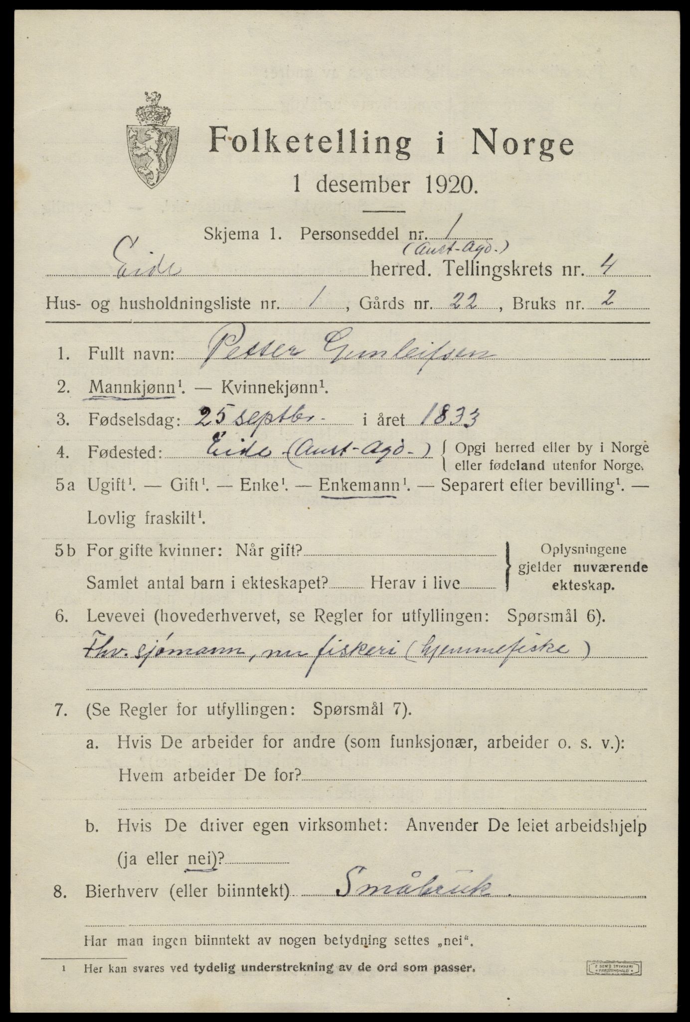 SAK, 1920 census for Eide, 1920, p. 1152