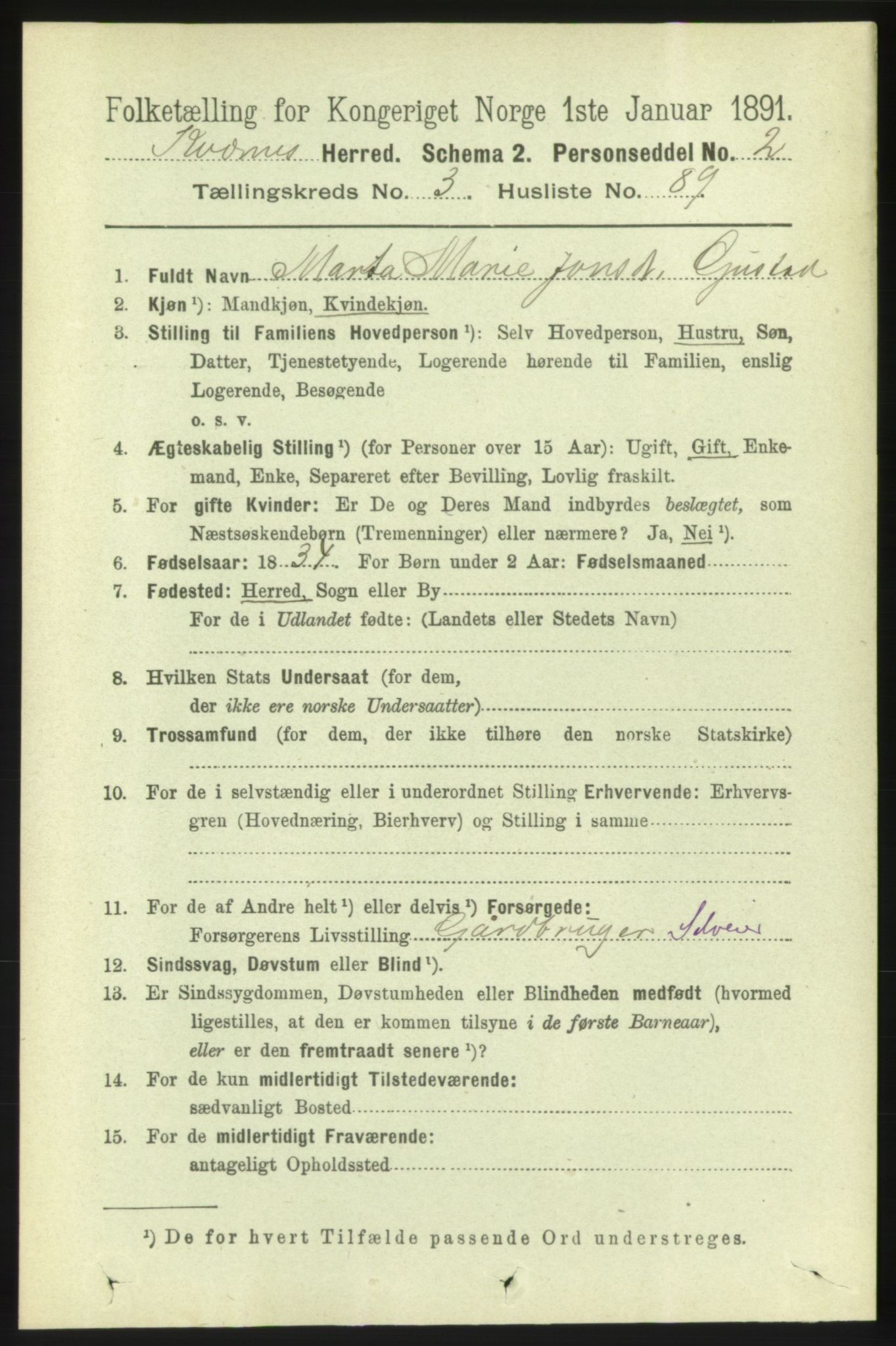 RA, 1891 census for 1553 Kvernes, 1891, p. 1657