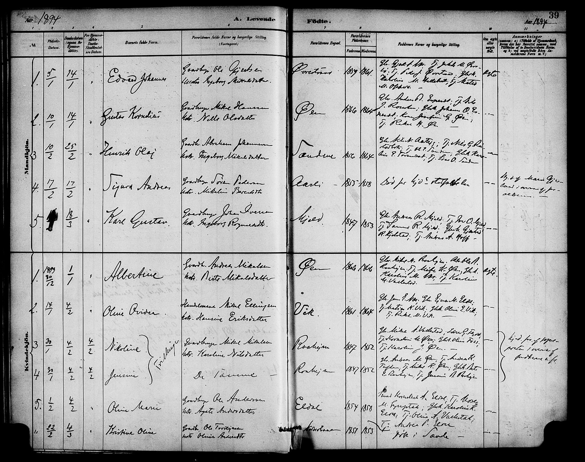 Gaular sokneprestembete, AV/SAB-A-80001/H/Haa: Parish register (official) no. D 1, 1882-1899, p. 39