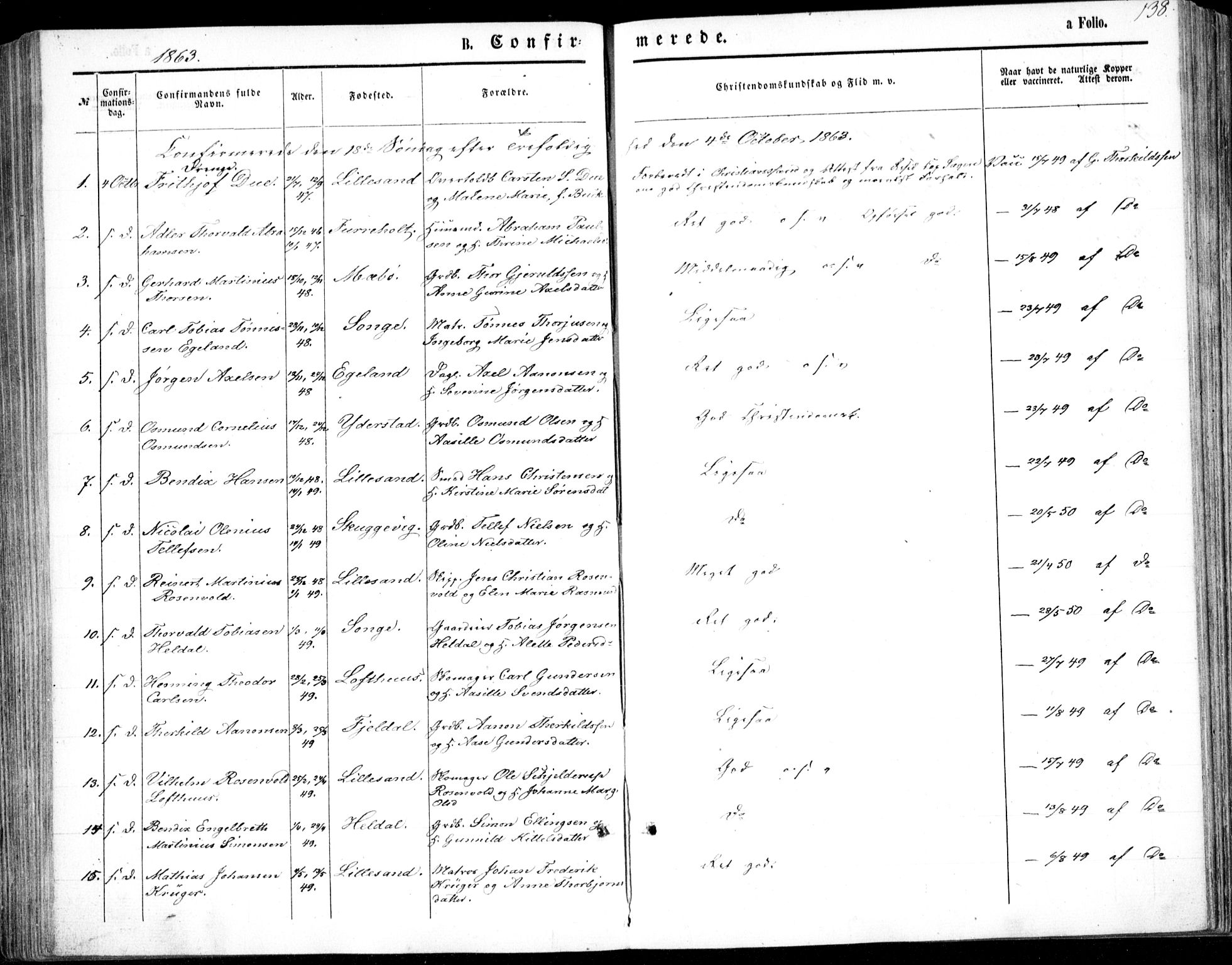 Vestre Moland sokneprestkontor, SAK/1111-0046/F/Fb/Fbb/L0004: Parish register (copy) no. B 4, 1861-1872, p. 138