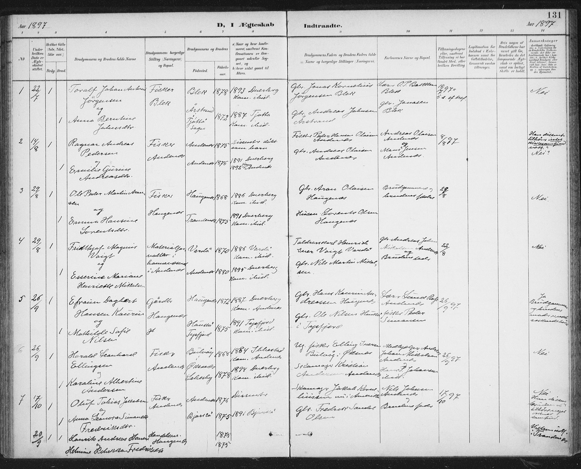 Ministerialprotokoller, klokkerbøker og fødselsregistre - Nordland, SAT/A-1459/899/L1437: Parish register (official) no. 899A05, 1897-1908, p. 131