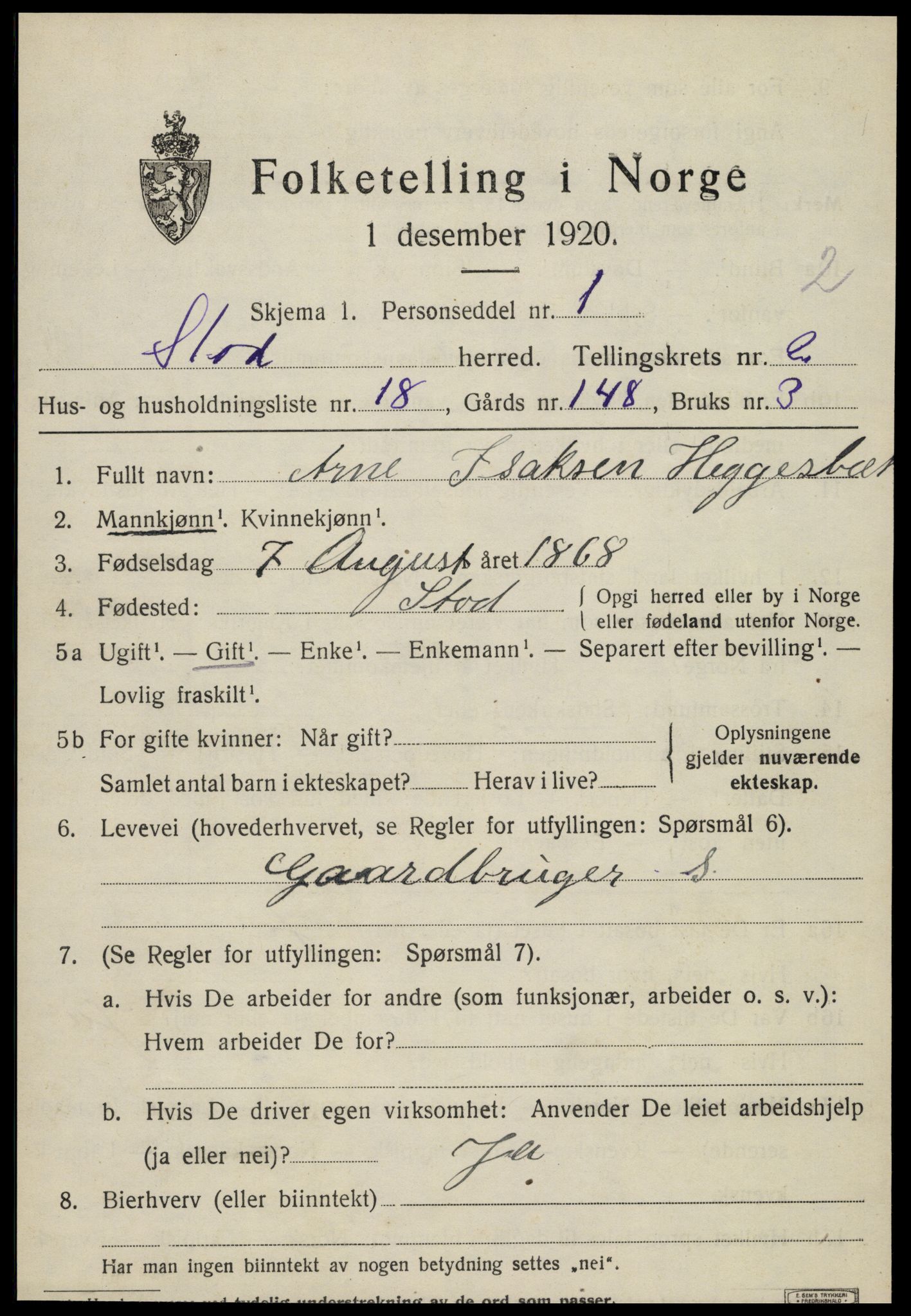 SAT, 1920 census for Stod, 1920, p. 1448