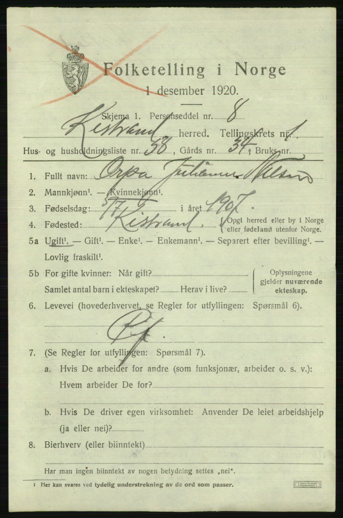 SATØ, 1920 census for Kistrand, 1920, p. 1488