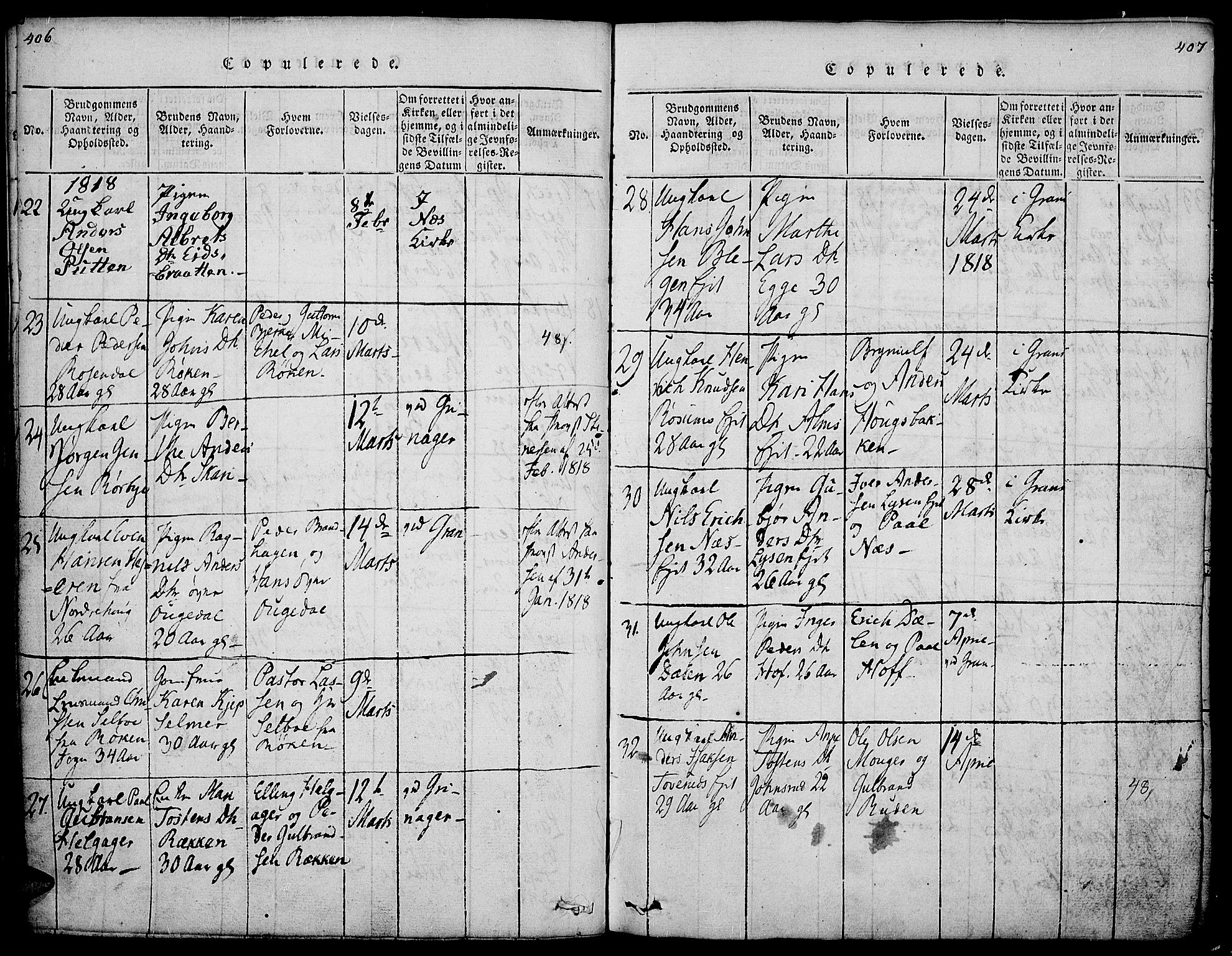 Gran prestekontor, SAH/PREST-112/H/Ha/Haa/L0009: Parish register (official) no. 9, 1815-1824, p. 406-407