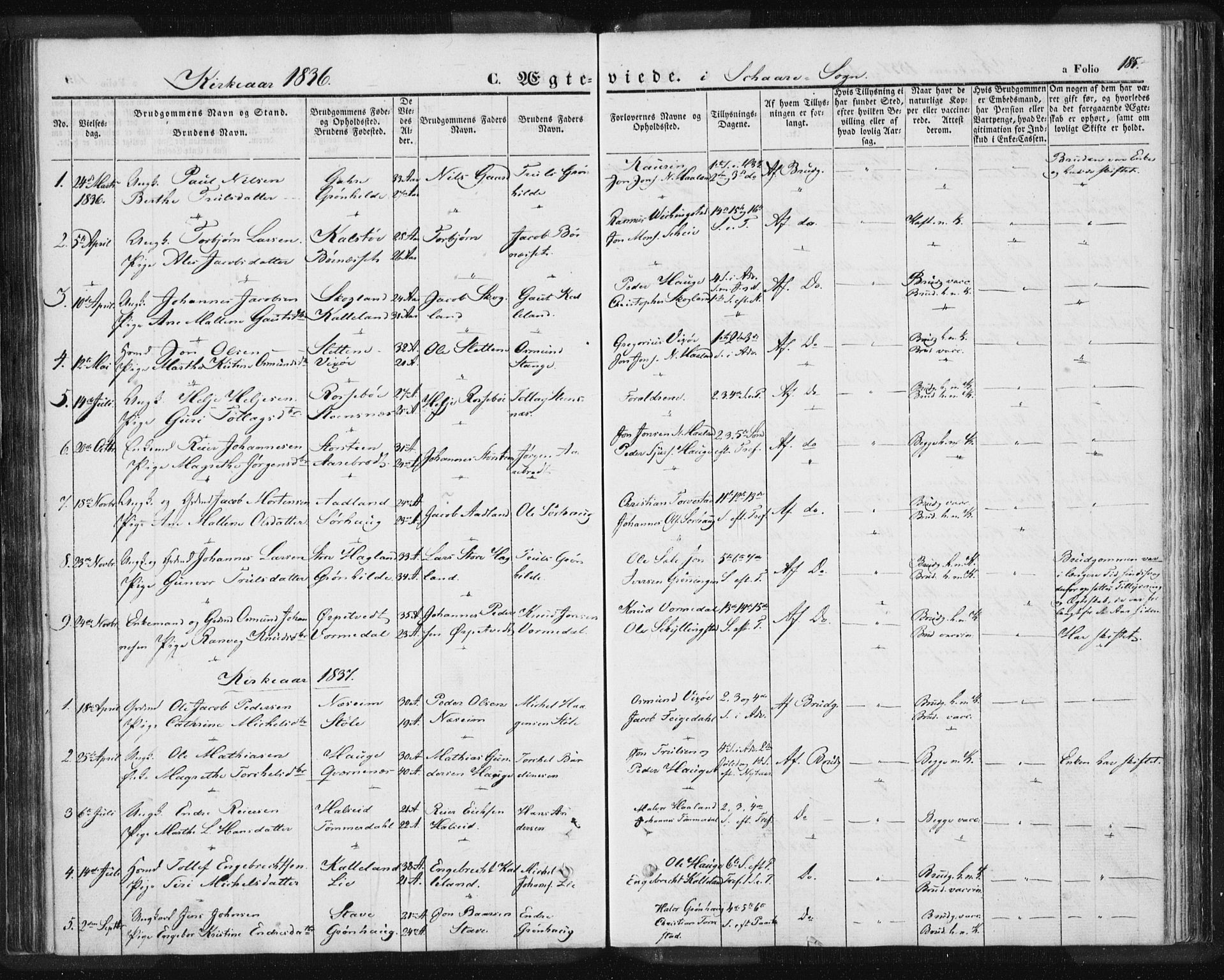 Torvastad sokneprestkontor, SAST/A -101857/H/Ha/Haa/L0006: Parish register (official) no. A 6, 1836-1847, p. 185